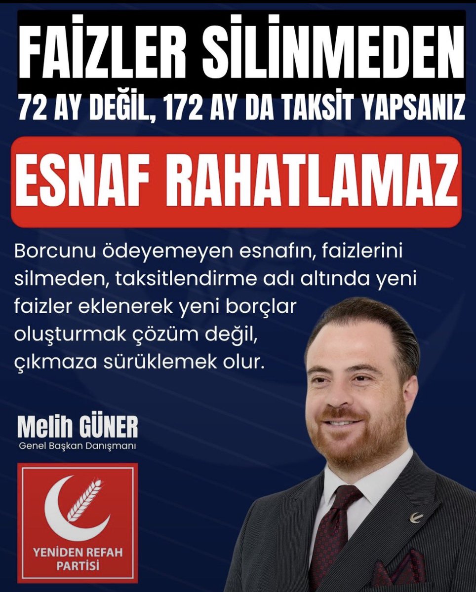 melihguuner's tweet photo. Borcunu ödeyemeyen esnafın, faizlerini silmeden, taksitlendirme adı altında yeni faizler eklenerek yeni borçlar oluşturmak çözüm değil, çıkmaza sürüklemek olur.

#FaizlerSilinsin
#VergiSGKYapılandırma 
#SgkVergiYapılandırma https://t.co/sYPaCJ2Mew