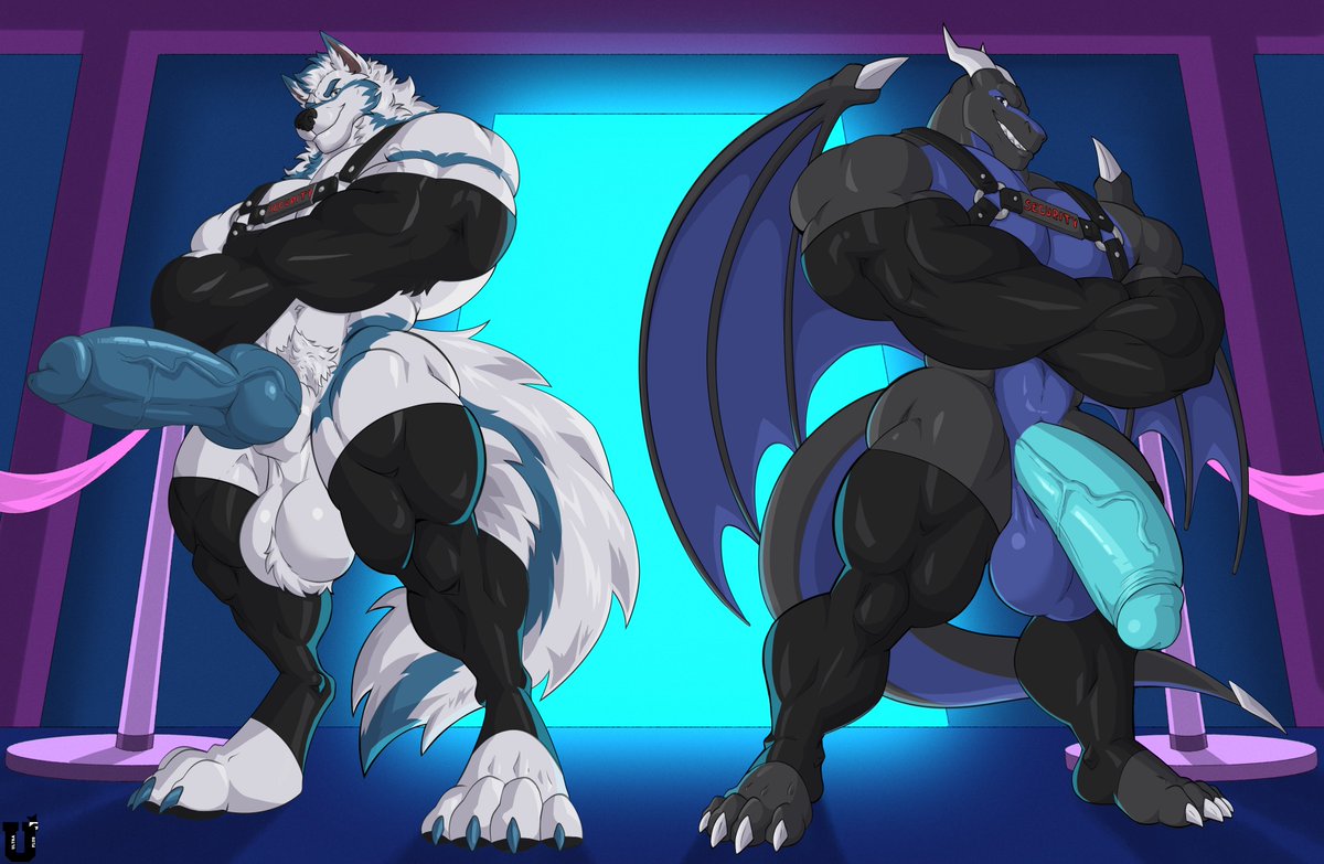 Blaubeer_Derg's tweet photo. Rawr! Winti and I are security guards, working for the city's famos night club. We hope that you love our outfits. You need less clothes to get in the club. But we also prefer no clothes hehe. ;3

Art by @Uultraplus <3 https://t.co/mH9YBLFM6h