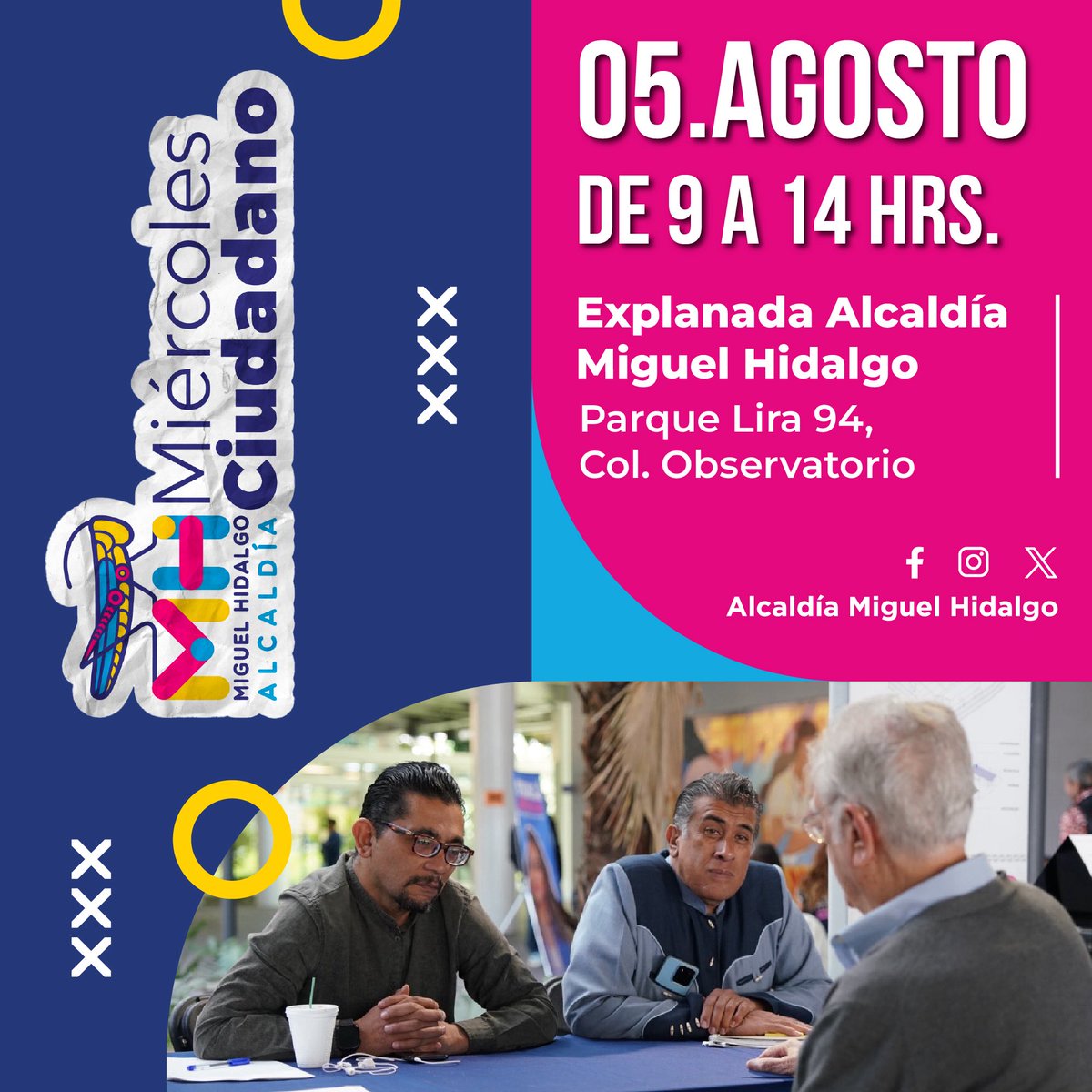 AlcaldiaMHmx's tweet photo. Acude a nuestro #MiércolesCiudadano en la explanada de la alcaldía este 5 de agosto a partir de las 9 de la mañana, en donde el equipo de la Miguel Hidalgo te dará la mejor atención personalizada a todos tus reportes y gestiones. ¡No olvides que tenemos bolsa de trabajo!👥 https://t.co/afI2ec6mLH