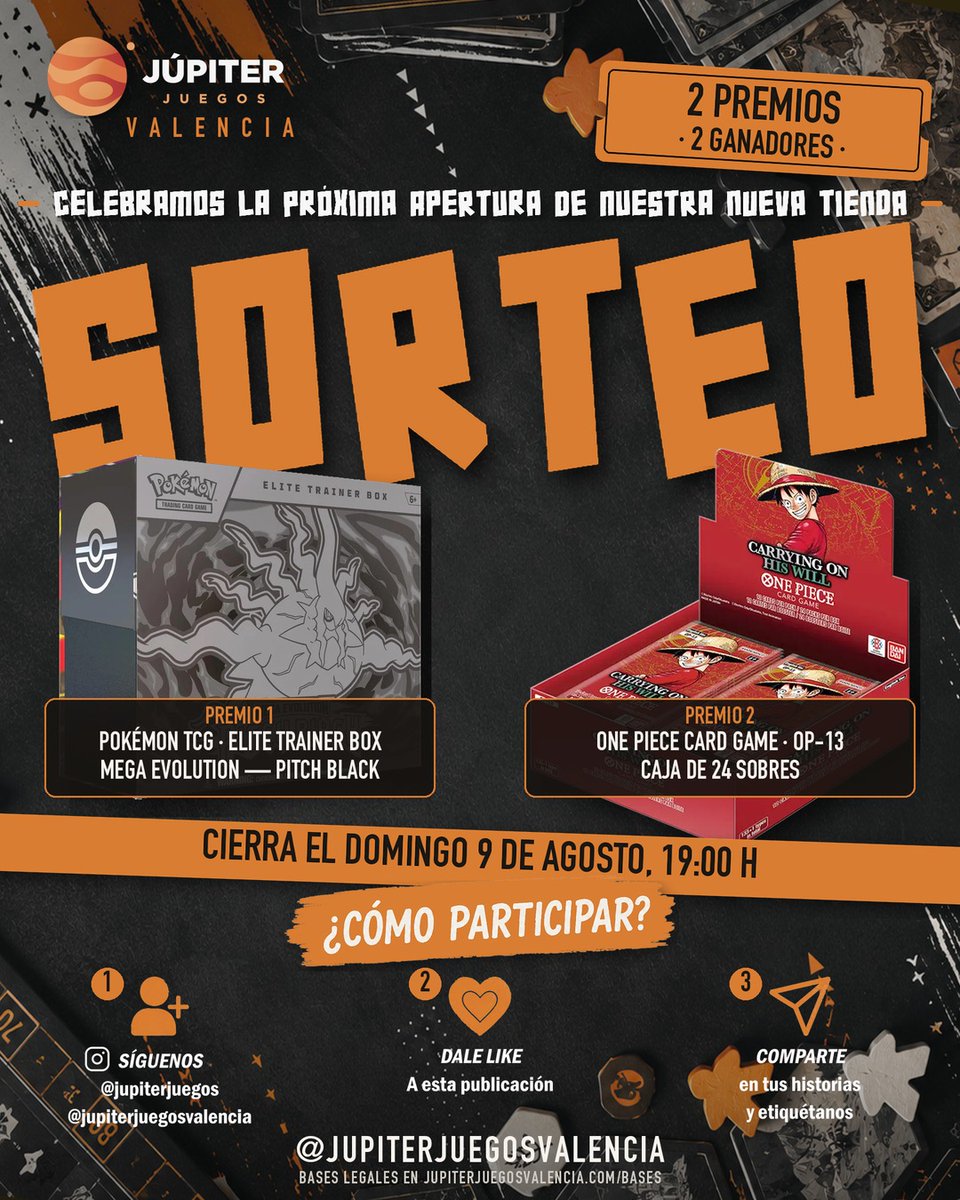 Jupitervlc's tweet photo. 🎁 SORTEO por la próxima apertura de nuestra tienda en València

ETB Pokémon Mega Evolution Pitch Black Y caja de 24 sobres One Piece OP-13

Se participa en Instagram 👉 https://t.co/K0STIGyEJC
Cierra el domingo 9/8 a las 19:00

Y por aquí… síguenos, que se vienen cositas 🪐 https://t.co/HLEVZoh1Pd