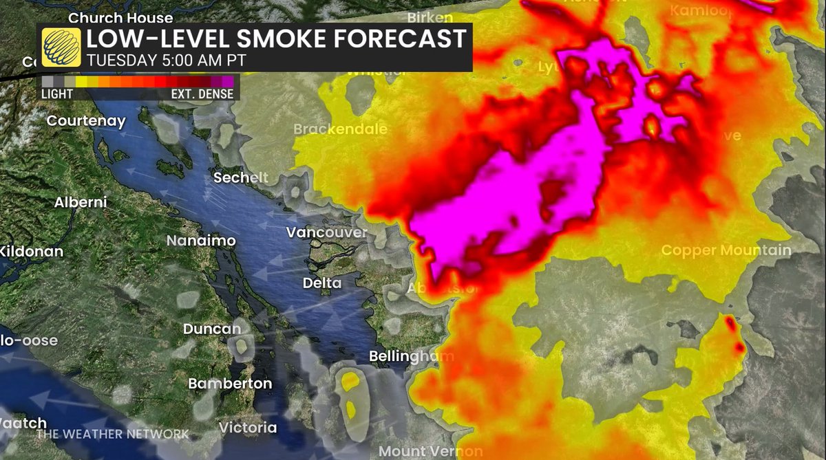 50ShadesofVan's tweet photo. It's nothing like what the Interior is going through, but locally dense smoke is forecast to push across the South Coast by early Tuesday. #BCsmoke #BCFires https://t.co/JUuIafF9IT