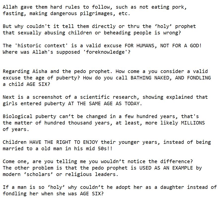 AlexandreP72287's tweet photo. @JudithC54741 @LizaRosen0000 They revere a 'holy' pedo who was already age 51 and married Aisha when she was AGE SIX. At age 9 the marriage was 'consummated', but before that he groped her.

Even the 'moderate', 'civilized' ones consider the 'prophet' as a 'role mode'. Don't forget AISHA. https://t.co/eWBnRWU3yx