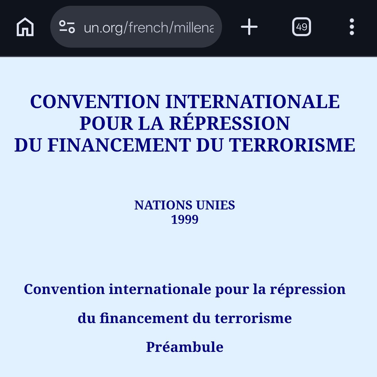 GabLattanzio's tweet photo. Cette fake news ("le terrorisme n'est pas reconnu en droit inter") a gagné en popularité depuis que Rima Hassan l'a dite, et que Amnesty sombre.

Allez, ici en capture d'écran, une convention internationale pour la répression du financement d'un concept qui n'existe pas. https://t.co/FrLAcXeix7