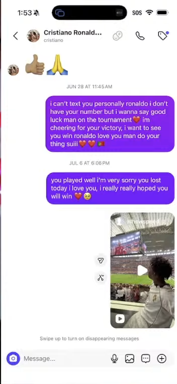 yabaleftonline's tweet photo. IShowSpeed accidentally leaked his Instagram DMs with Cristiano Ronaldo... and Ronaldo actually replied. https://t.co/MJEYH9E3aK