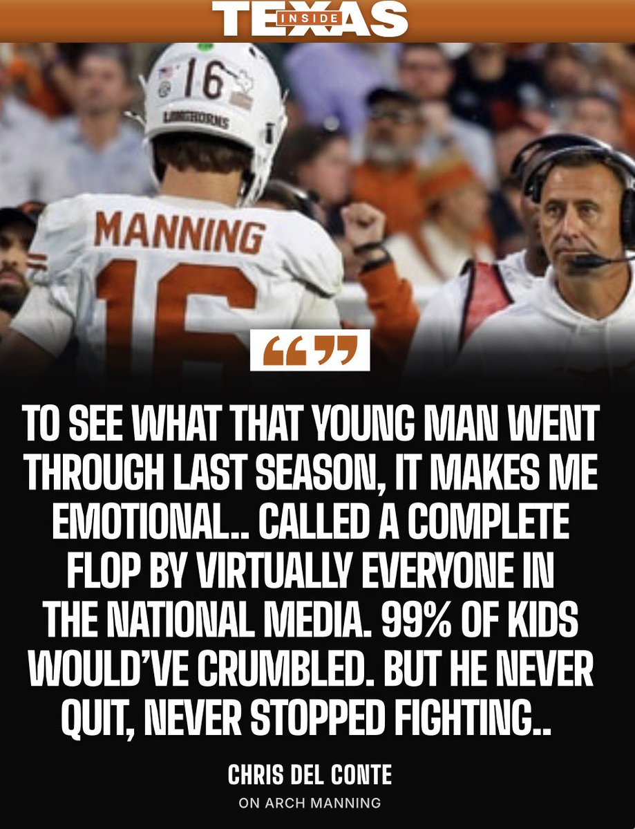 justinwells2424's tweet photo. Chris Del Conte: Texas Football in 2026, Arch Manning, and Jersey Patches

CDC talked about what he witnessed with Manning last season and how the program rallied around him. 

DETAILS: https://t.co/6CFt1Fy9Zk (On3+) @on3 🤘🤘 https://t.co/jaCyml0nfQ