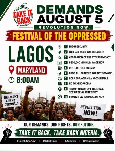 TIBmovement's tweet photo. Lagos, it's time to rise.
The struggle for a better Nigeria continues. Join us this August 5 at Maryland by 8:00 a.m. for the Festival of the Oppressed. Your voice matters.
#TakeItBack
#RevolutionNow
#August5 https://t.co/m2HFn5FBWA