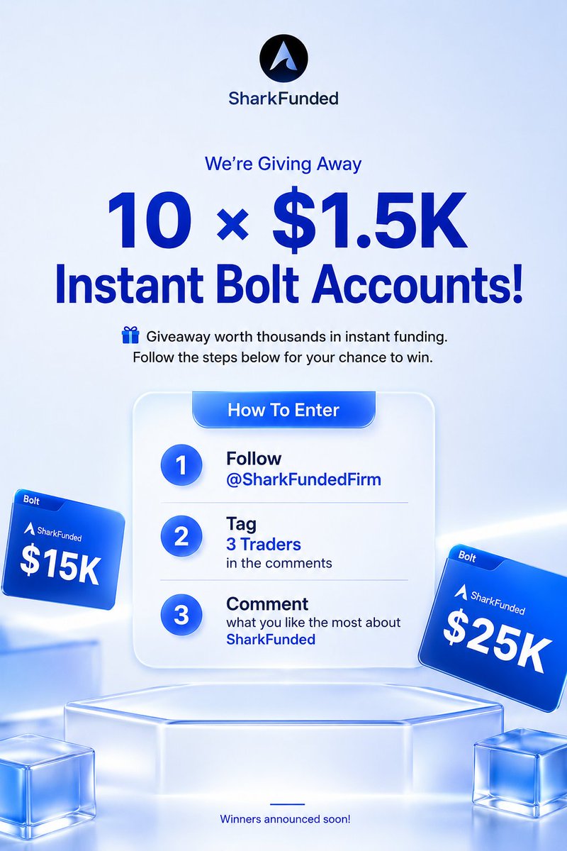 SharkFundedfirm's tweet photo. 🎁 BIGGEST GIVEAWAY ALERT! 🎁

10 WINNERS. $1.5K EACH. ZERO COST.

SharkFunded is giving away 10 × $1.5K Instant Bolt Accounts.

To enter:

• Follow @SharkFundedfirm & @ibrahimshkh10 
• Tag 3 traders in the comments 
• Tell us what you like the most about SharkFunded

We'll announce the winners soon. Don't miss your chance. 🚀