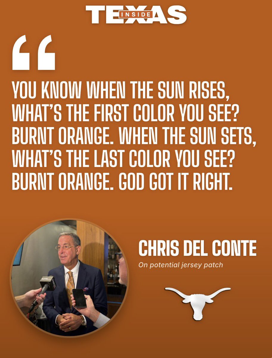 justinwells2424's tweet photo. Chris Del Conte: Texas Football in 2026, Arch Manning, and Jersey Patches

The Texas Athletics Director spoke to the @TexasExes Smith County chapter on Saturday. And the excitement was obvious. 

DETAILS: https://t.co/6CFt1Fy9Zk (On3+) @on3 🤘🤘 https://t.co/A5n2HiIcRV