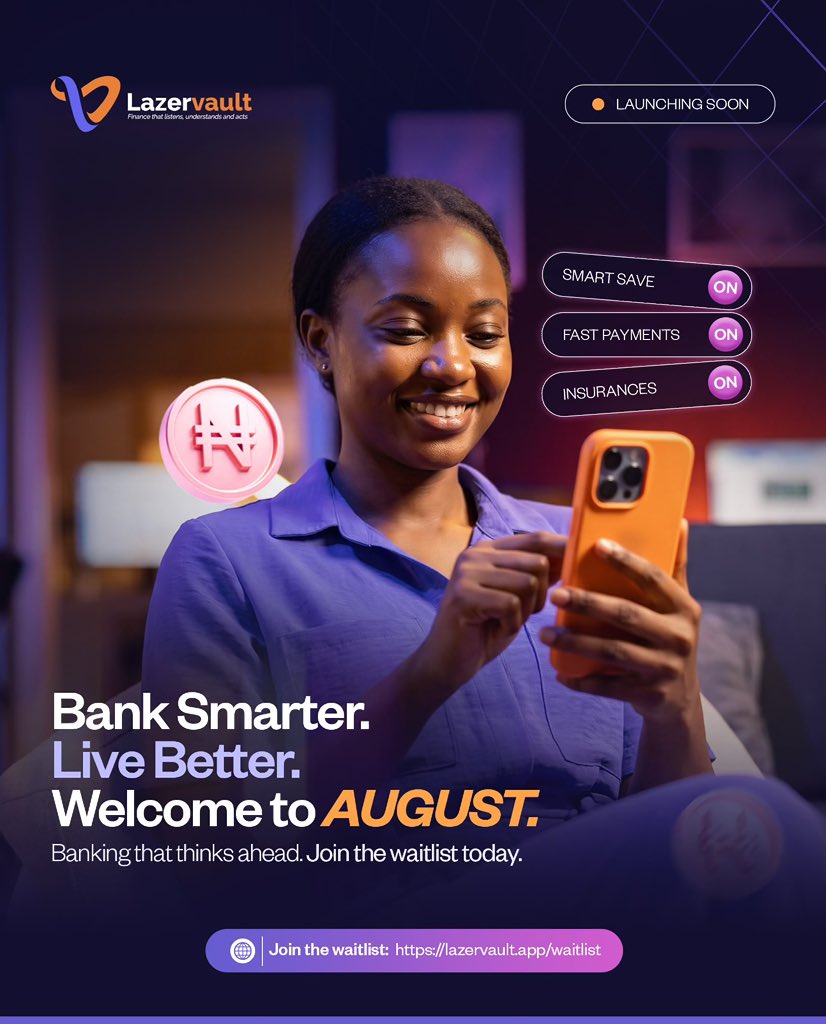 Cryptocore001's tweet photo. New month. New goals. Smarter money moves.

August is a reminder that every financial decision you make today shapes the opportunities you’ll have tomorrow.

So why settle for banking that simply stores your money when it can help you grow it?

Imagine a financial platform that helps you save intelligently, make seamless payments, protect what matters through insurance, and puts AI to work so managing your finances feels effortless.

That’s the future @Lazervault is building.

Because modern banking shouldn’t just respond to your needs, it should anticipate them.

This month, choose smarter habits.
Choose better financial tools.
Choose a platform that’s designed for the future, not the past.

Bank smarter. Live better.

Join thousands already waiting to experience AI-native finance.

🔗 Join the waitlist: https://t.co/7S0rLGmbCG

Here’s to an August filled with smarter decisions, stronger finances, and bigger opportunities.
