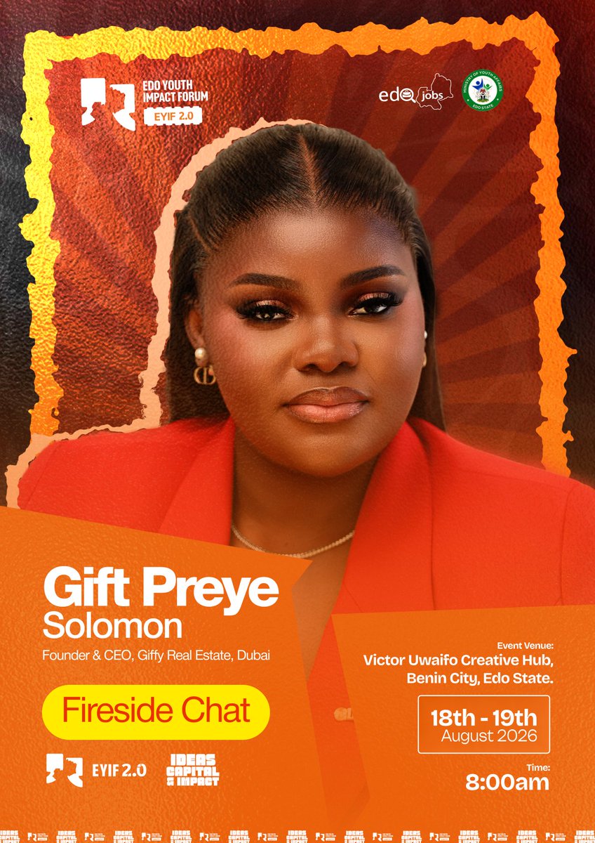 edoyif's tweet photo. Gift Solomon @PreyeSolo went from delivering food on a motorbike in Dubai to founding her own real estate company now she helps others build the same kind of wealth.

She joins us for a fireside chat at #EYIF2026. Join the conversation. Reg Link in Bio

#eyif https://t.co/rI4mBM4gtF