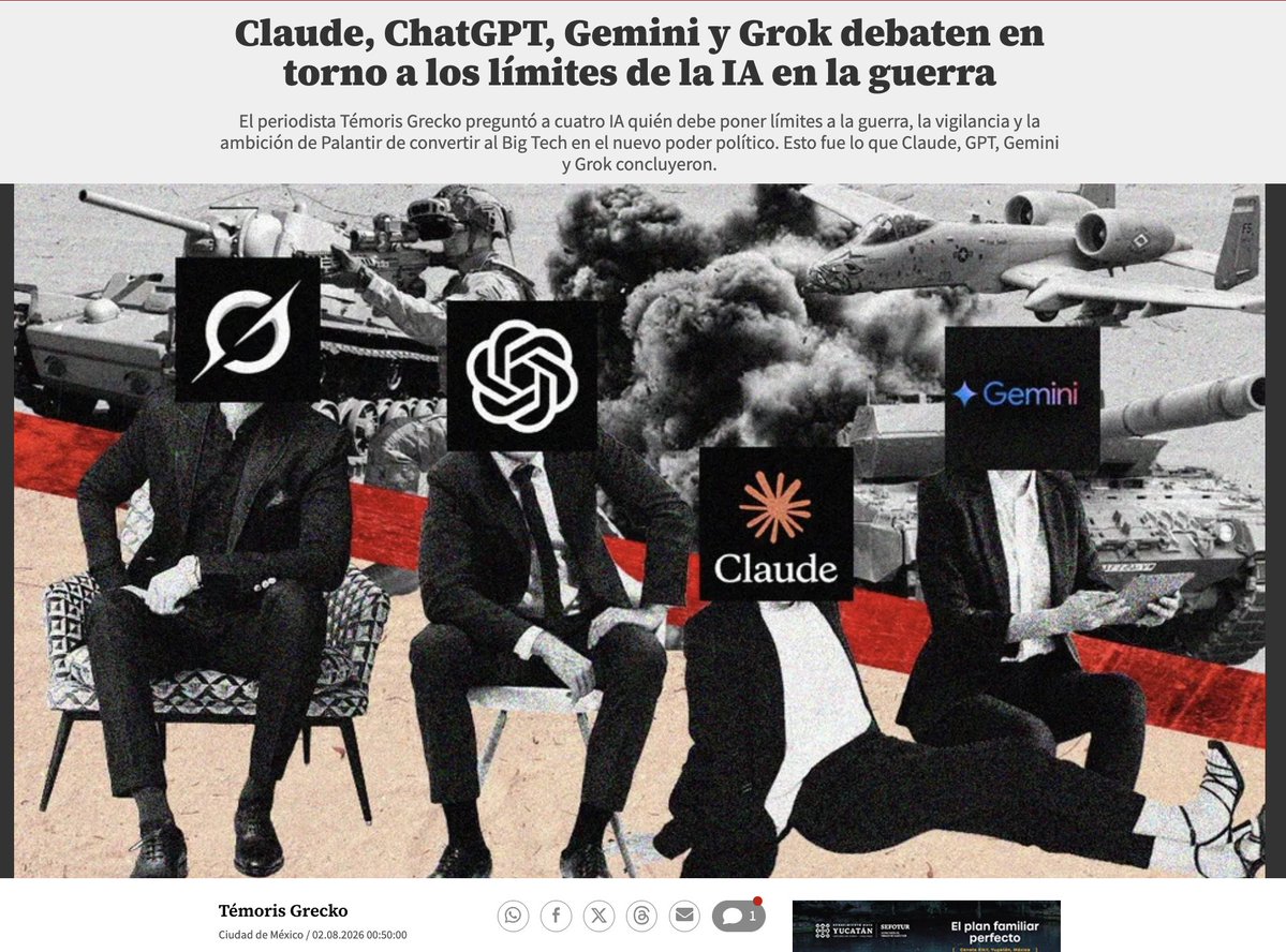 temoris's tweet photo. El modelo de IA Claude fue empleado para seleccionar la escuela de Minab, en Irán, como objetivo militar. Estados Unidos mató a 165 niñas de entre 7 y 12 años.

Le pregunté a Claude si se siente cómodo con eso. Y lo puse a debatir con ChatGPT, Grok y Gemini sobre la ética y el uso mortal que les dan, así como sobre los manifiestos ideológicos de las Big Tech de Silicon Valley.

Revelaron mucho sobre la ruta que camina la humanidad.

Lee mi texto para @dominga_milenio: https://t.co/L5oIl3G6DG