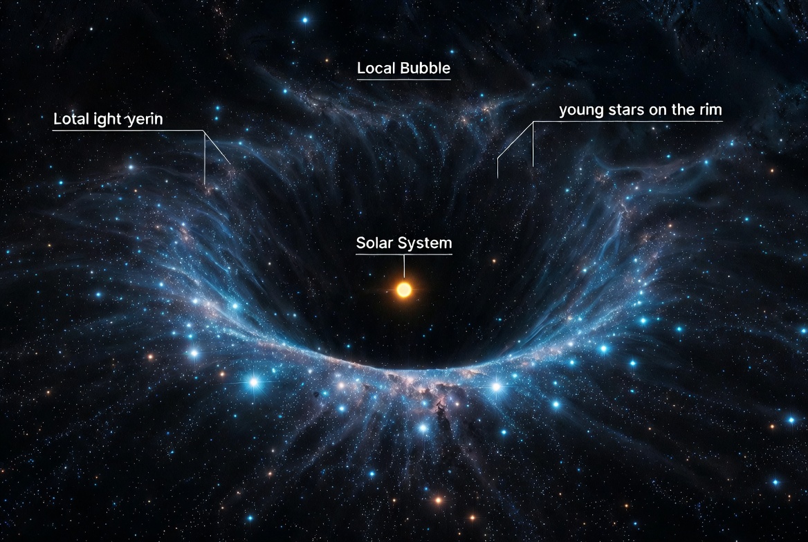 konstructivizm's tweet photo. 🌌 Picture this: our entire Solar System is floating right in the heart of a colossal, almost empty cosmic void — a thousand light-years across!  

This eerie “Local Bubble” is strangely quiet inside, with barely any stars or glowing plasma clouds. Yet its edges are bursting with vibrant young stars, as if the bubble’s walls are sparkling with new life.  

Just a couple of years ago, astronomers used the incredible Gaia space telescope to map this mysterious cavity in stunning detail. What they found was mind-blowing: those stars lining the rim formed from the very gas and dust that the bubble itself pushed outward.  

The whole structure was carved by a dramatic series of supernova explosions that began about 14 million years ago. These stellar blasts swept matter to the periphery, leaving the inside shockingly sparse — only one-tenth the normal density of the galaxy’s interstellar medium.  

So why is our Sun sitting perfectly in the center? Pure cosmic coincidence! When those supernovae first erupted, the Sun was far away. It only drifted into the bubble around 5 million years ago and is still sailing through this quiet void today.  

The most fascinating idea of all? Scientists suspect the entire Milky Way is riddled with similar bubbles, turning our galaxy into a vast, foamy cosmic sponge. 🪐🌙