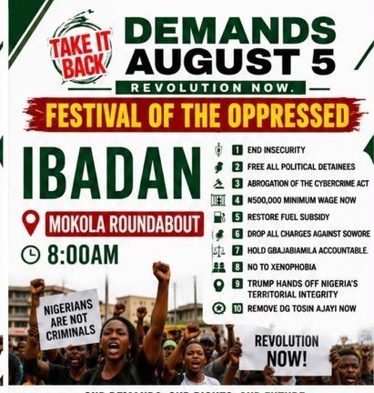 TIBmovement's tweet photo. Ibadan, the moment is now.
Meet us at Mokola Roundabout by 8:00 a.m. this August 5.
#TakeItBack
#RevolutionNow
#August5 https://t.co/9bAJMsPist