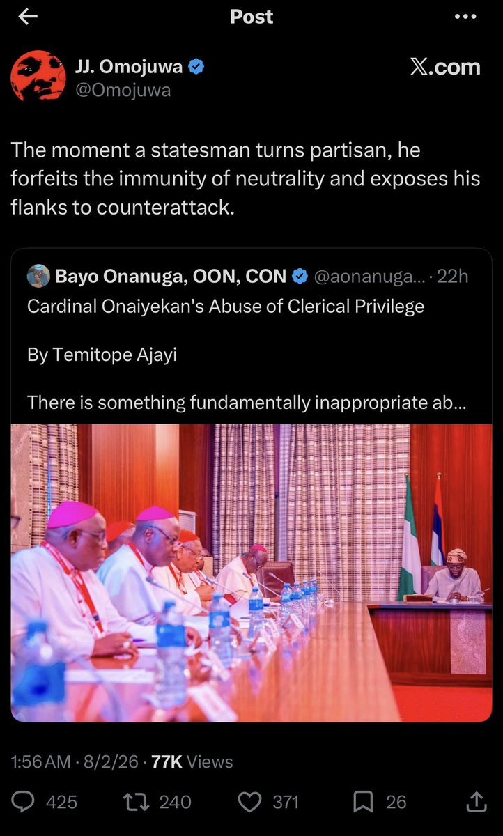 UsmanRashidaObu's tweet photo. In 2013 Omojuwa posed with Cardinal Onaiyekan and called him (one of Nigeria’s strongest voices against bad governance). But here in 2026 the same Cardinal criticised Tinubu’s government on the economy, insecurity and election fears and suddenly Omojuwa is quoting the Presidency’s attack piece and declaring that the Cardinal has (turned partisan) and lost “the immunity of neutrality.” This is pure transparent hypocrisy. When Onaiyekan attacked the governments Omojuwa disliked, he was a hero but when he attacks the government Omojuwa now protects, he is a biased, partisan clown who deserves to be shot down. @Omojuwa  didn’t discover principle in 2026. He just discovered loyalty.