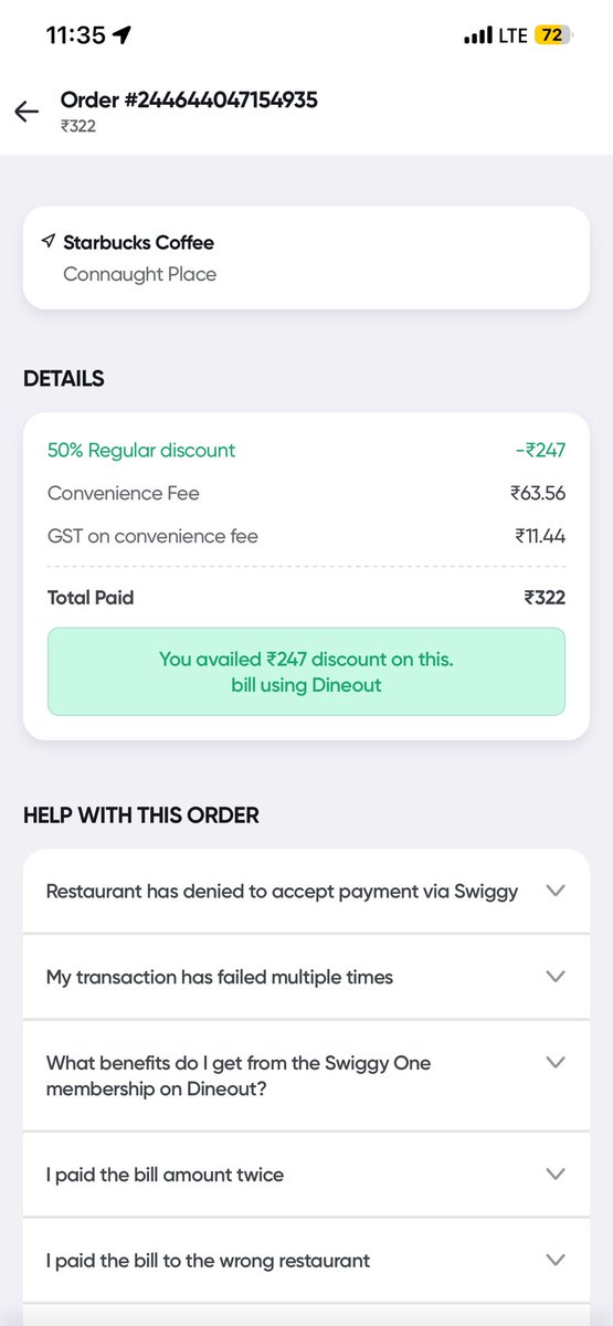 Aadhuprakash's tweet photo. “Flat 50% OFF”… really? 🤔
₹1,470 bill → ₹735 discount → +₹220 convenience fee &amp; GST = ₹955 paid. Actual savings: ₹515 (~35%), not 50%. If mandatory fees eat into the discount, why market it as “Flat 50% OFF”? @Swiggy  @SwiggyCares #Dineout #Starbucks #MisleadingOffers https://t.co/IbeMIto3HP