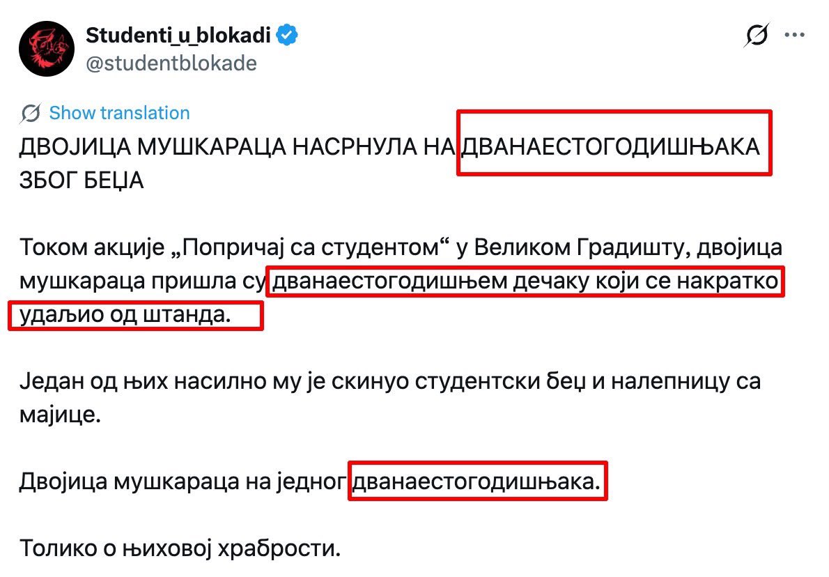 jedanjepasha's tweet photo. Ne verujem šta čitam - Dvanaestogodišnjak!

Studenti u blokadi objavljuju da je dvanaestogodišnjaku skinut bedž i nalepnica, a pritom ne vide suštinski problem, zašto se uopšte maloletna deca nalaze u političkim kampanjama?

Ako dovodite decu na štandove, lepite im politički materijal i ona učestvuju u političkim aktivnostima, to zaslužuje jednu ozbiljnu krivičnu prijavu za organizatore svega ovoga.
Očekujem da policija i centar za socijalni rad ispitaju sve okolnosti i postupe u skladu sa zakonom.

I vi nekoga prozivate za hrabrost?
Ovo mogu da urade samo bolesnici!