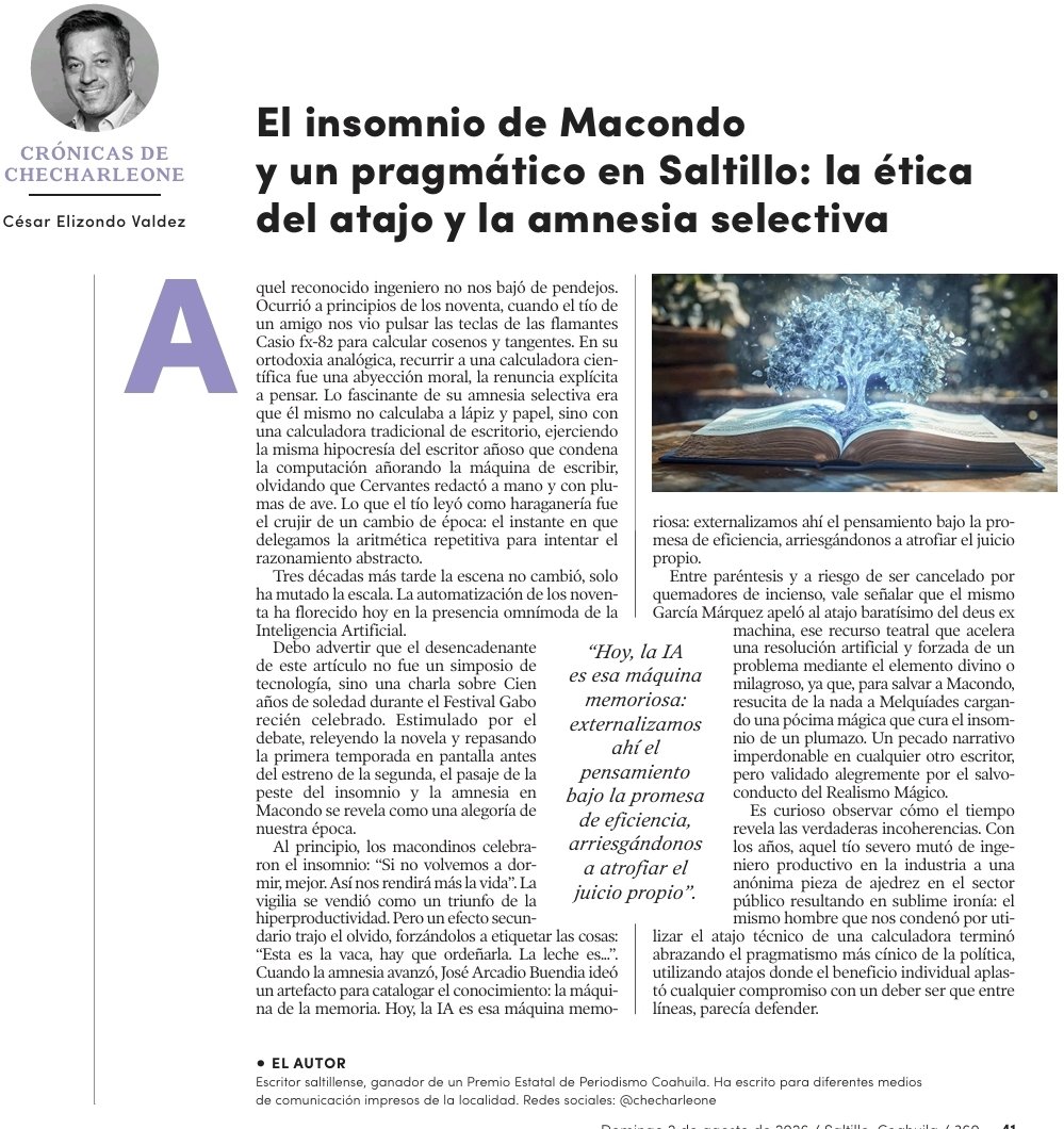 checharleone's tweet photo. "El insomnio de Macondo y un pragmático en Saltillo" es mi columna de hoy en @Saltillo360, de @vanguardiamx

#festivalgabo
#checharleone 
#realismomagico
#saltillo
#ia

https://t.co/r9qkQm7RUX

https://t.co/SvnonIDq5w https://t.co/1ztEDpmiAl