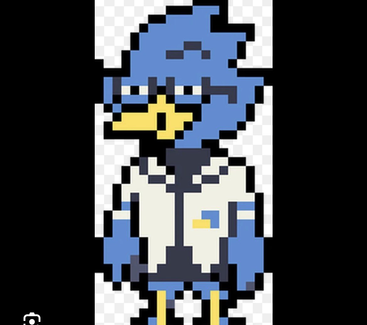 cianeatsgrass's tweet photo. one of the most subtly funny things in deltarune is the fact berdly has a pin of his own face on his shirt https://t.co/U1Groo2oUA