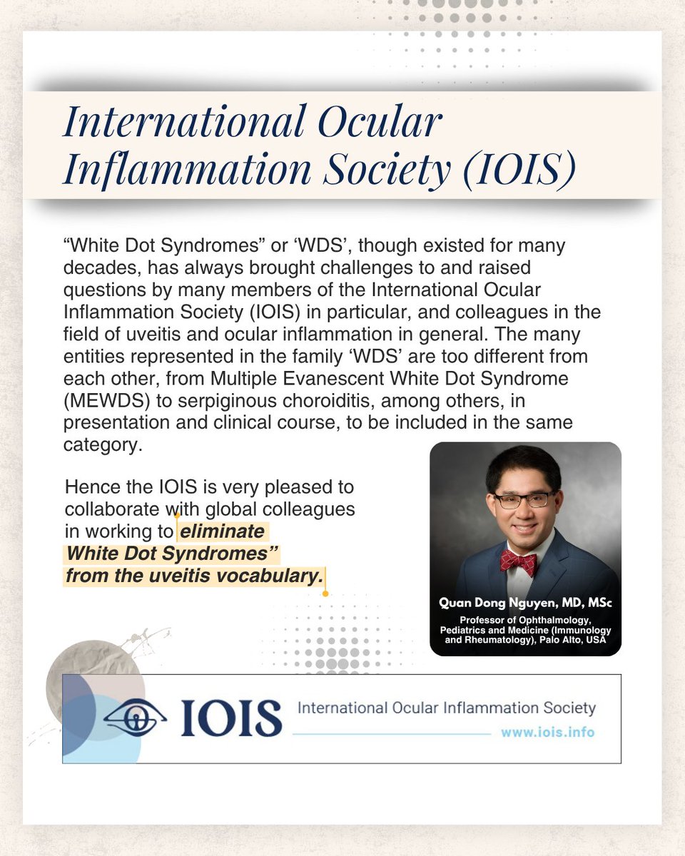 iusg_official's tweet photo. Diverse posterior uveitic entities such as MEWDS &amp; serpiginous choroiditis have been filed under the same "White Dot Syndromes" umbrella for decades, even though they are not alike clinically. Dr. Nguyen and
@IOIS_Uveitis join the list of societies backing the IUSG's initiative. https://t.co/ZXx60sr2E7