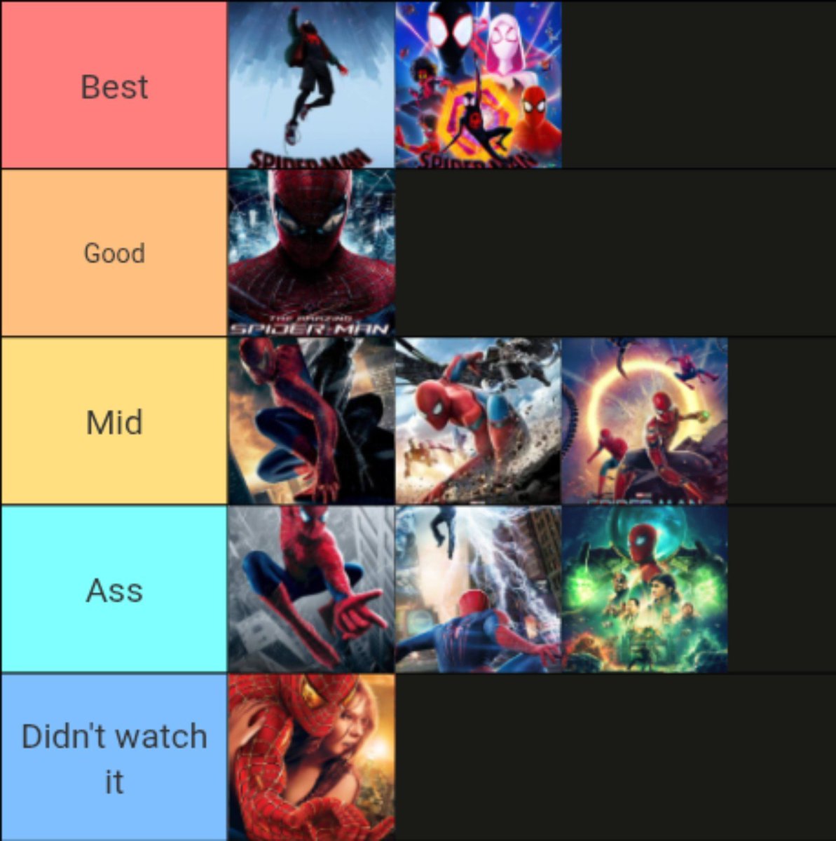 UnderBelly_Pope's tweet photo. Yes I have obvious bias and terrible taste but this is my opinion on the Spider-Man movies https://t.co/nnlVXEXWYZ