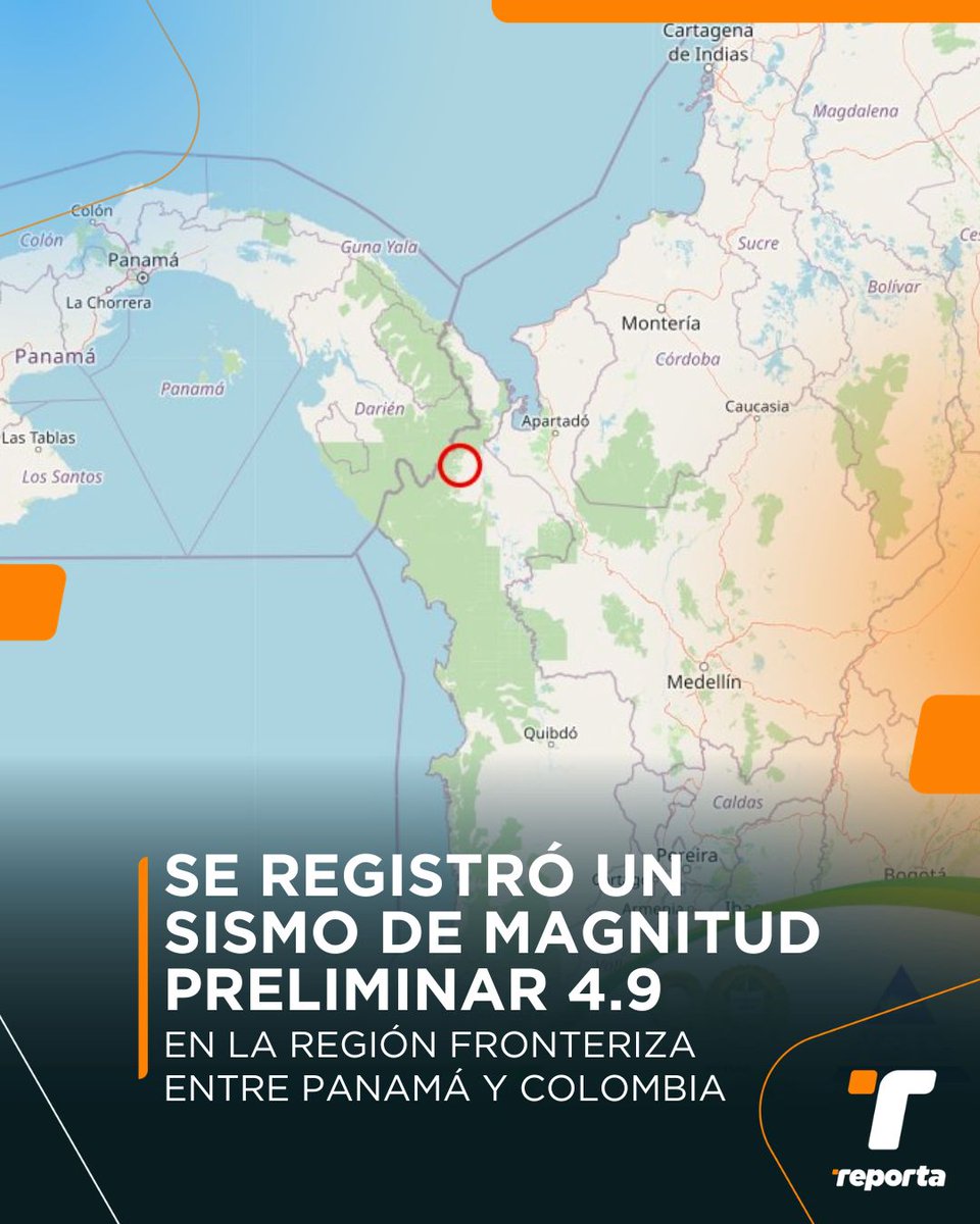 TReporta's tweet photo. El Instituto de Geociencia (@igcpanamaup) informó sobre un sismo de magnitud preliminar 4.9 registrado a las 12:12 p.m. de este domingo en la región fronteriza entre Panamá y Colombia, a 96 km al Este de Jaqué.

El @Sinaproc_Panama indicó que desde el Centro de Operaciones de Emergencia mantienen el monitoreo ante el reciente movimiento telúrico, que fue percibido en la comunidad de Yaviza, en la provincia de Darién, sin dejar afectaciones.