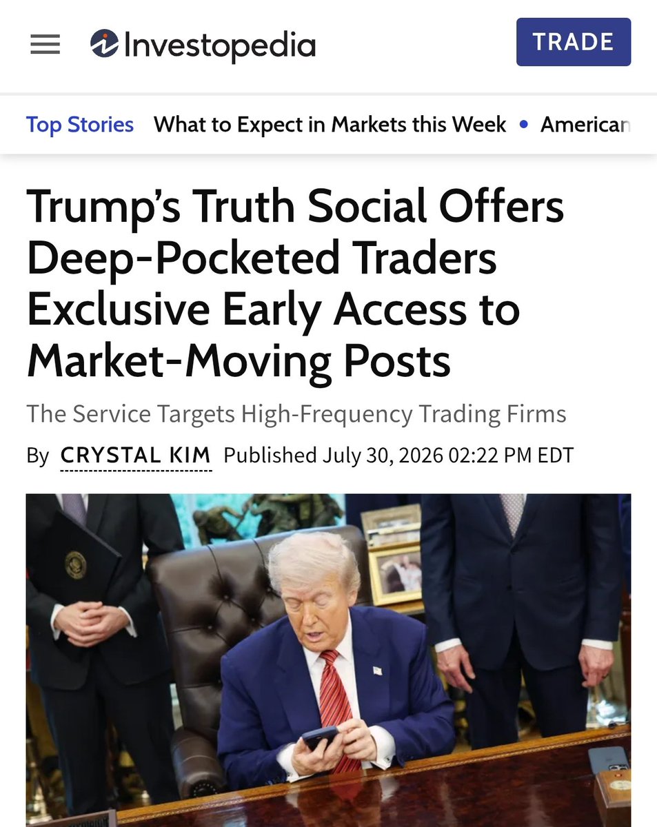 BenjaminNorton's tweet photo. The level of blatant corruption is breathtaking:

Trump has officially launched a service offering Wall Street firms early access to his social media posts on his website -- for a fee of $100,000 per month.

In the press release for the service it calls "Truth API", Trump Media and Technology Group boasted of providing financial firms with "market-moving Truths".

The White House is literally charging rich investors more than a million dollars per year so they can get even richer through government-sponsored insider trading. The fish rots from the head down.
