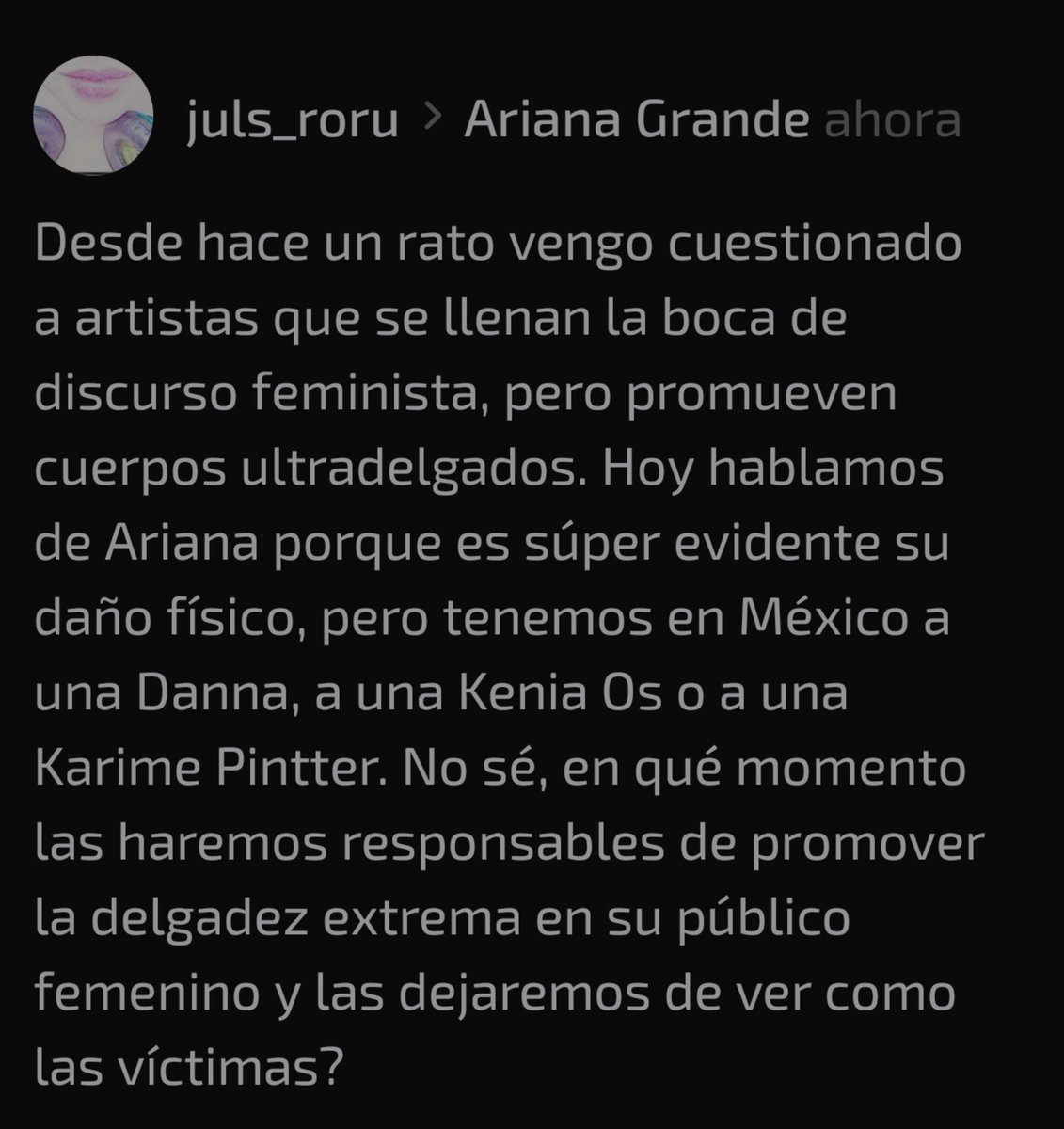 JulsAquelarre's tweet photo. Pues sí, bebas, háganse responsables de promover la delgadez extrema. #ArianaGrande #KeniaOs #Danna #KarimePindter https://t.co/cdvKWrldpn