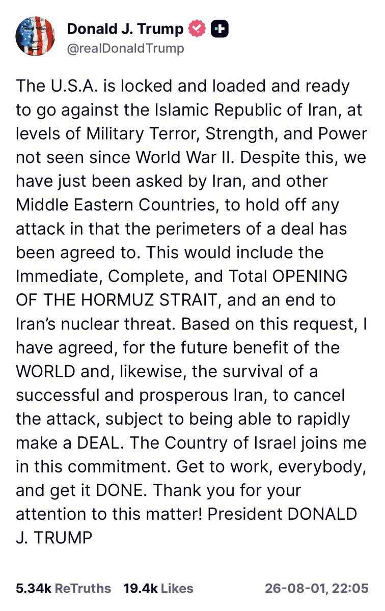 iranidaturan's tweet photo. My advice on reacting to Trump’s moves and posts about Iran:
Wait until American military assets have actually left the region. Only then allow yourself to get angry, impatient, or start attacking him.

Until that moment, understand that raw force is not the whole game. Iran is only the battlefield, a much larger war is being fought outside its borders.
 Those who benefit from the regime and from endless Middle East conflict will not simply walk away. Saudi Arabia is one of them. They are still playing double game.

Also, remember, this controlled pressure — tightening and loosening — gradually wears the regime down.
 When it finally falls, the collapse will be cleaner and the damage smaller.
The regime no longer has the support of the majority, but it still has supporters. It takes time for the regime’s own incompetence to alienate even those remaining supporters.
 In the region, it also takes time for the true danger of this regime to be fully exposed. What Trump is doing is pushing things to the point where the regime’s own supporters in the region, start begging for it to be removed.

A couple of reminders:

Remember the Soviet Union , a far more dangerous and bloodthirsty regime.
It collapsed from within under the same kind of sustained external pressure, without any direct military confrontation.

But it didn’t happen overnight. It took nearly seven years of pressure.
Is it hard? Is it unexciting? Yes.
But what matters to Trump is maintaining control, not playing the hero here. 

Next: Israel spent a year and a half turning Gaza into rubble and still couldn’t free the hostages.
 Trump initially threatened hellfire if the hostages weren’t released, Hamas still refused.
 Then he gave the green light for Israel to strike inside Qatar. Suddenly Hamas behaved and returned every single hostage.
 The key wasn’t the bomb, it was cutting off Qatar’s quiet support.

Another reminder:
 Deception and psychological warfare are a huge part of this. Right up until the day before Khamenei was hit, the Oman talks were going extremely well. That very progress made him feel safe enough to come out into the open.
This process was never meant to be exciting, satisfying, or entertaining.
 This is not a movie. This is not a video game. Trump has no magic wand. 

He operates under real constraints, and he receives far more information than we do.

Trump is holding a dangerous, suicidal regime at gunpoint and forcing it to behave.

If you want anything of Iran to survive — and if you don’t want the regime to drag the whole country down with it — you have to be patient.

It is like chemotherapy. It takes time. But it’s the only way.