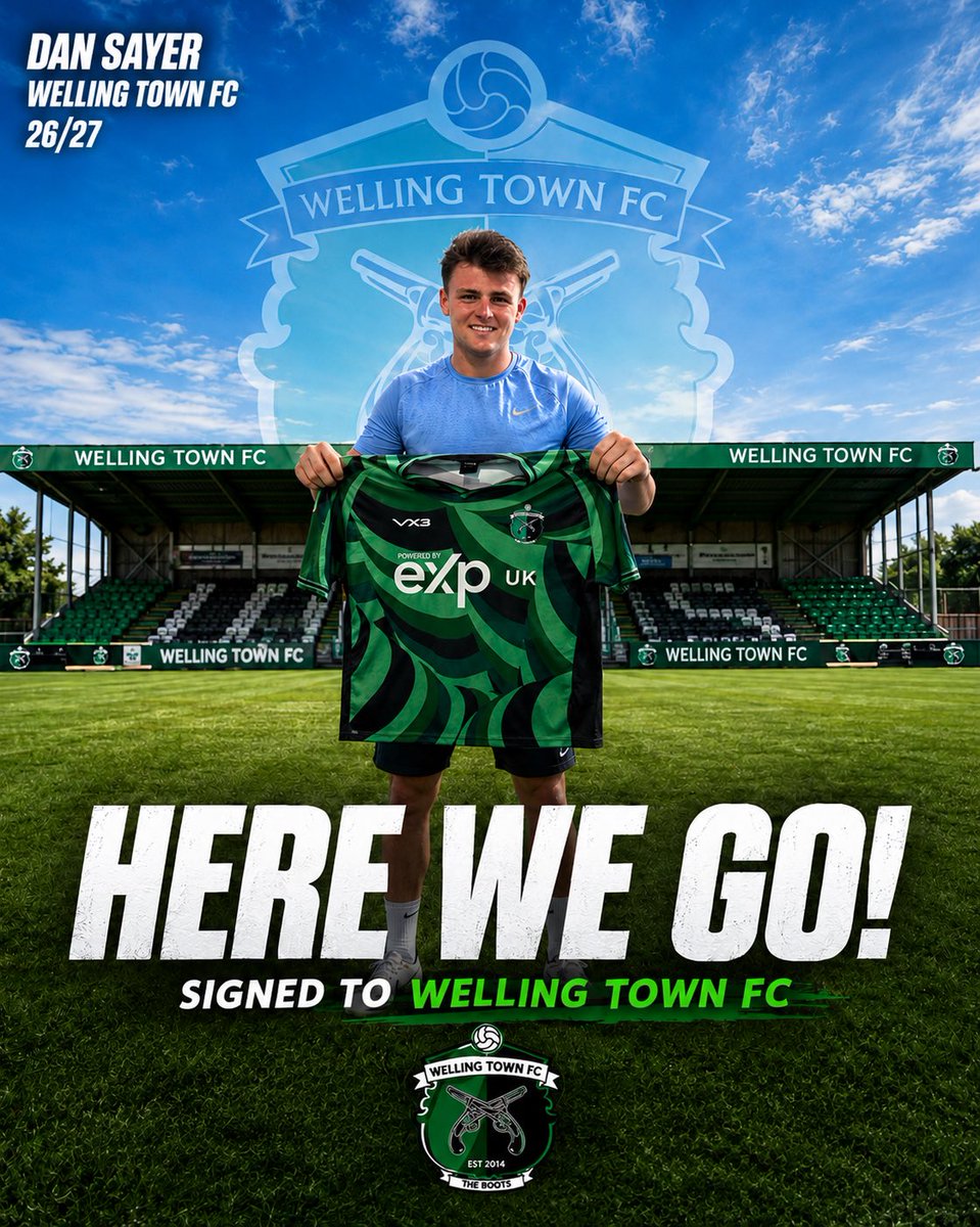 WellingTownFC's tweet photo. 🟢⚫ HERE WE GO!

Welcome to Welling Town FC, Dan Sayer.

An imposing centre-back who brings strength, composure and leadership to the back line. Great to have you on board, Dan! 👊

#UpTheBoots 🟢⚫
@NonLeaguePaper @EssexSenior @SCEFLeague @KentFA https://t.co/fv5p8CxSbb