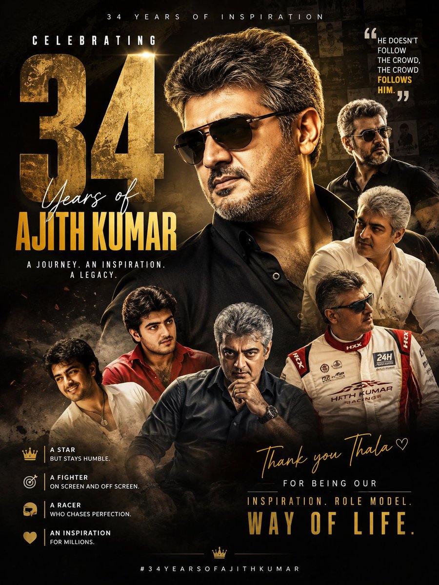 EmperorAjithFC's tweet photo. 34 years...!

Not merely a cinematic journey, but a legacy defined by dignity, resilience, and unwavering self-belief.

Some actors entertain.
A rare few inspire generations.

To millions, Ajith Kumar is more than a star—he is a symbol of humility, perseverance, and silent strength.

Here's to the man who never chased attention, yet earned everlasting admiration.

34 years of excellence. A legacy that continues to inspire. 🤍

#34YearsOfAjithKumar #AjithKumar #AK64