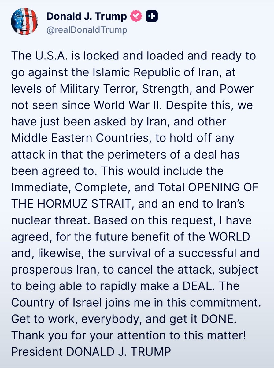RL9631's tweet photo. ⚫️ The U.S. is LOCKED AND LOADED against Iran at levels of strength not seen since World War II.
President Trump just paused the attack because Iran and regional countries begged for a deal that includes the IMMEDIATE, COMPLETE, and TOTAL opening of the Strait of Hormuz + ending their nuclear threat. 
This is the kind of America First power move the world needs.
⚫️ Do you trust this deal… or should we finish the job right now? 🇺🇸