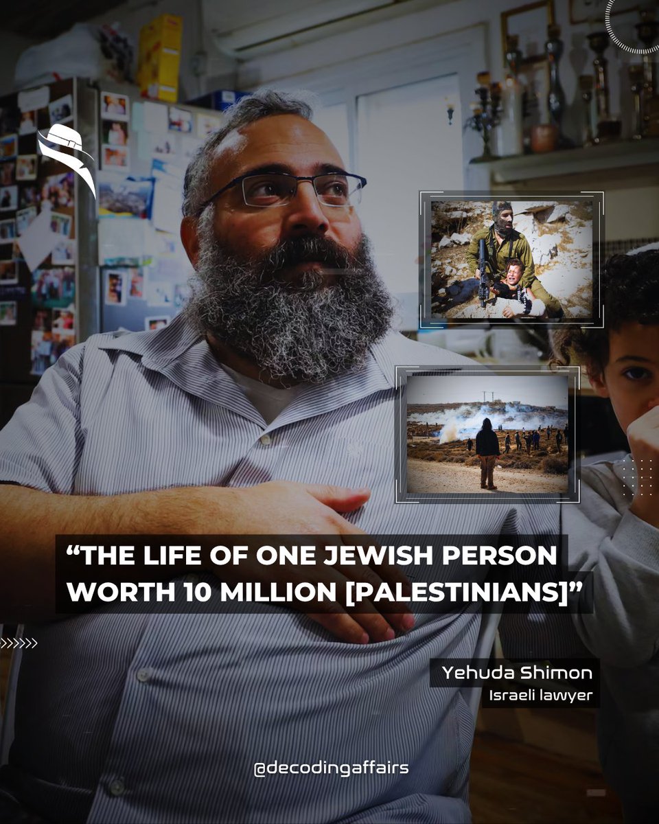 decodingaffairs's tweet photo. An Israeli lawyer has made a series of inflammatory remarks calling for the killing and expulsion of Palestinians from the occupied West Bank and Gaza, according to a BBC report published on Saturday.

Yehuda Shimon, speaking to the BBC at the Havat Gilad settlement outpost in the northern occupied West Bank, claimed that the life of one Jewish person was worth "10 million (Palestinians)."

When a BBC reporter described the statement as "racism," Shimon replied:

"I know, but this is the truth, because God chose us (and) because of this you are jealous."

Shimon also rejected the international legal consensus that the West Bank is occupied territory, arguing instead that the Bible grants Jews the right to the land.

He criticized the Israeli government and military for what he described as insufficiently forceful responses toward Palestinians.

"The Israeli government and the Israeli army, they like the UN -- if Palestinians come and Jewish people come, (they) don't kill the Palestinians, (they) just separate the people," he said. "Afterwards, because they don't kill Palestinians, the Palestinians kill us."

Shimon further argued that Palestinians should be removed from all territory he considers part of Israel, including Gaza.

"If we don't wake up and drop them all from this area, from all areas of Israel, even Gaza too, they will come back, and come back (again)," he said.