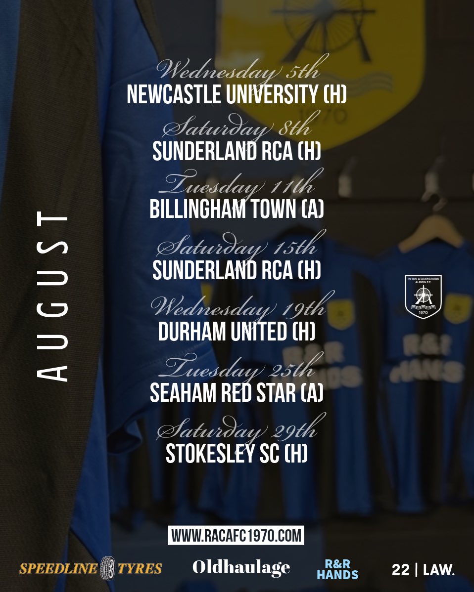 RACAFC1970's tweet photo. 🗓️ | Here’s what’s coming up for Albion in August.

Five of our seven fixtures are at the Oldhaulage Stadium. We look forward to seeing plenty of Blue &amp; Black support throughout the month!

#RACA🔵⚫ https://t.co/ZZo5JQ98yp