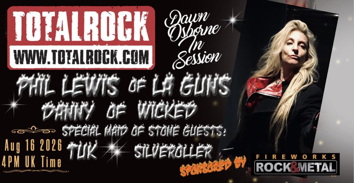 TotalRockOnline's tweet photo. @OfficialLAGUNS @WICKEDrockNroll @TukSmith_RnR @SilverollerBand @maid_of_stone Next Dawn Osborne in Session will be #PhilLewis of #LAGUNS, Wicked &amp; guests from #MaidofStoneFestival #TukSmith &amp; #SILVEROLLER Sun Aug 16, 4pm UK time only on #TotalRock sponsored by #FireworksMagazine https://t.co/BoDZLltvmL
