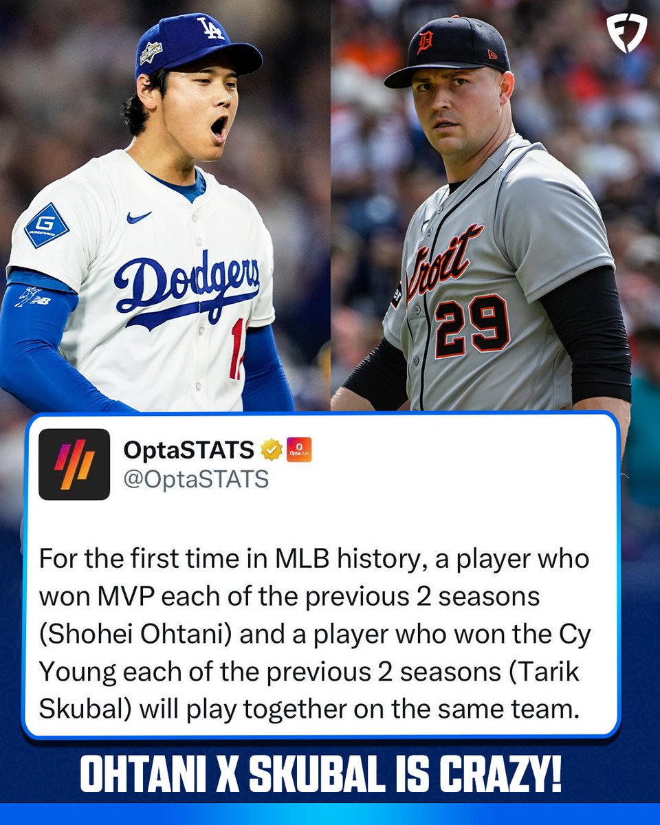 FanDuel's tweet photo. The Dodgers are the back-to-back champions &amp; they have the back-to-back MVP winner playing with the back-to-back CY Young winner 😭

(via @OptaSTATS) https://t.co/xHHWWHJCcU