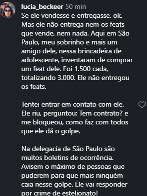 trapcit0u's tweet photo. 🚨SURGEM NOVAS DENÚNCIAS Contra Predella após venda de feats e produtos.

Uma mulher afirmou que o sobrinho e um amigo pagaram R$ 3 mil por dois feats de R$ 1.500 cada, mas alega que eles nunca foram entregues. Ela também diz ter tentado contato com o rapper, que teria perguntado se havia contrato antes de bloqueá-la.

Segundo o relato, já existem boletins de ocorrência registrados em São Paulo relacionados ao caso. Até o momento, Predella não comentou as novas acusações.