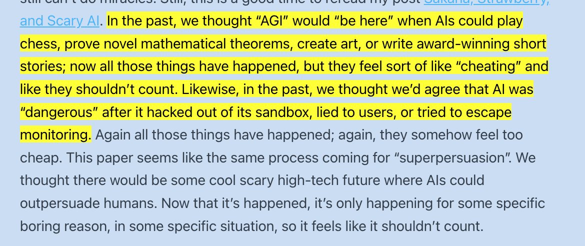 nabeelqu's tweet photo. Very true: we have AIs that can play chess, prove theorems, create art, and write award-winning short stories, but few people feel that current AI counts as "AGI". (From Scott Alexander.) https://t.co/BH07DJRner