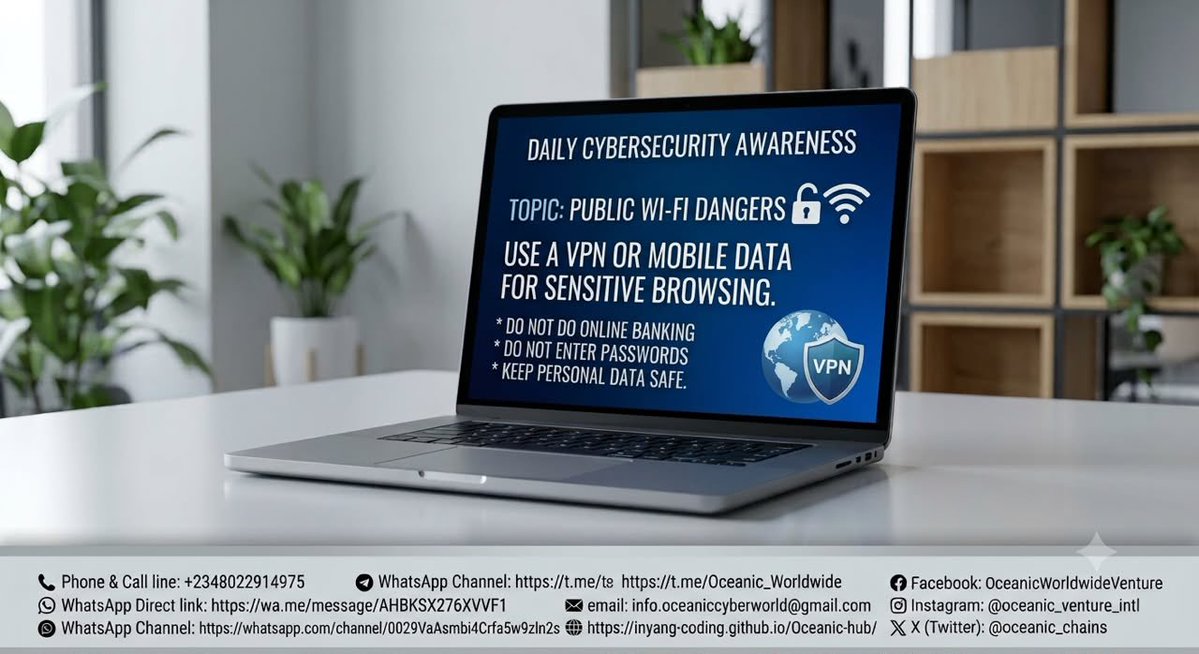 oceanic_chains's tweet photo. Public Wi-Fi – A Hacker’s Playground

Happy Sunday! ☕ While convenient, free public Wi-Fi networks (like those at cafes, airports, and hotels) are often unsecured.
Full measures on our WhatsApp Channel: https://t.co/VY3caaQhwQ https://t.co/maMZu0175r