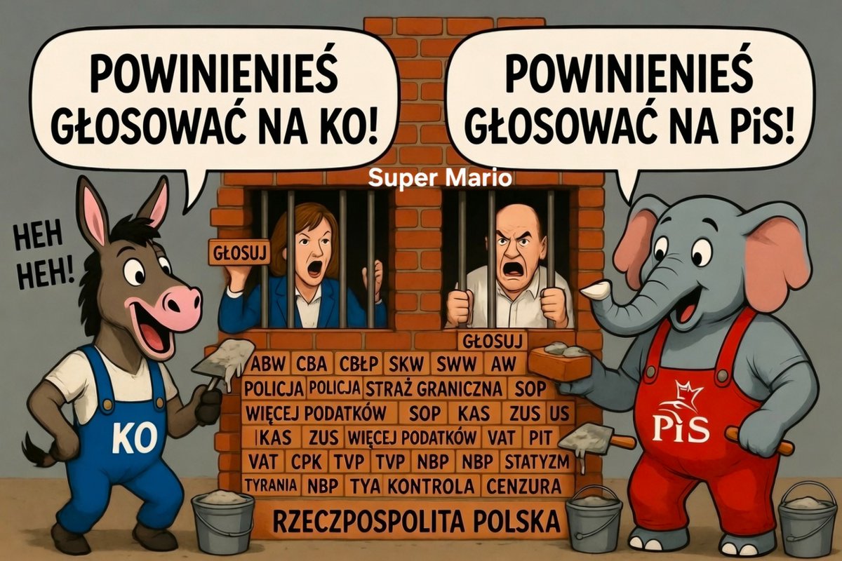 KORWiN_JKM's tweet photo. KO i PiS budują to samo więzienie.
Jedni dokładają ABW i CBA, drudzy ZUS, US i jeszcze więcej podatków. Różnica? Tylko kolor kombinezonu i napis na klapie.
Obywatel siedzi za kratami, a oni krzyczą: powinieneś był głosować na nas.
To nie jest wybór. To jest ta sama ekipa z dwiema koszulkami.
My nie dokładamy cegieł. My chcemy rozwalić ten mur.
Mniej służb, mniej podatków, mniej kontroli.

WOLNOŚĆ! WŁASNOŚĆ! SPRAWIEDLIWOŚĆ!

#KORWiN #Wolność #KKP #PiS #KO #Podatki #Służby
