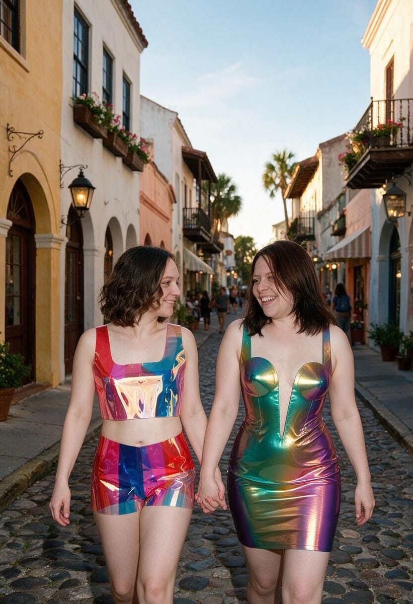 Lizzy1262629's tweet photo. Me and Kiara in St. Augustine, part 2 β holding hands in our shiny rainbow holographic PVC outfits under the sunny streets! πβ¨ Soft smiles and glossy vibes β¨
#RainbowPVC #MatchingOutfits #ShinyFashion #KinkyCute #GlossyFashion https://t.co/IsGGUXbDkz