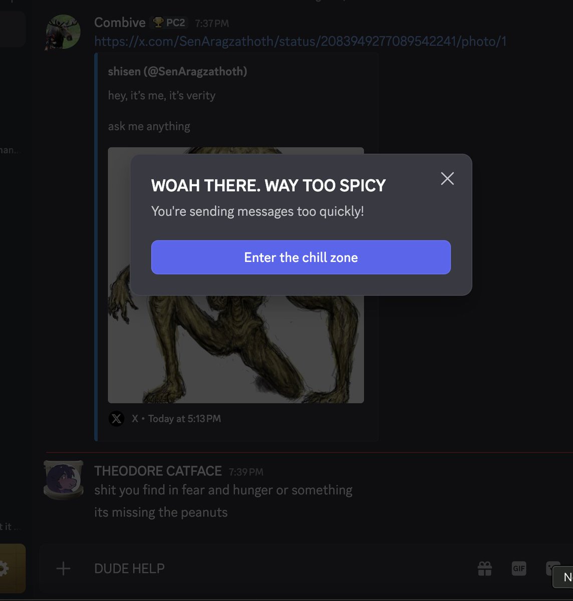Combive1798's tweet photo. I SENT THIS TO A FRIEND AND FOR SOME REASON DISCORD IS SENDING IT TO EVERYO E I FUCkI G kNOW AND I CANT FUCkING SAY ANYTHING WHT THE FUCk IS HAPPENING OH MY GOD https://t.co/FMR7crlNNu