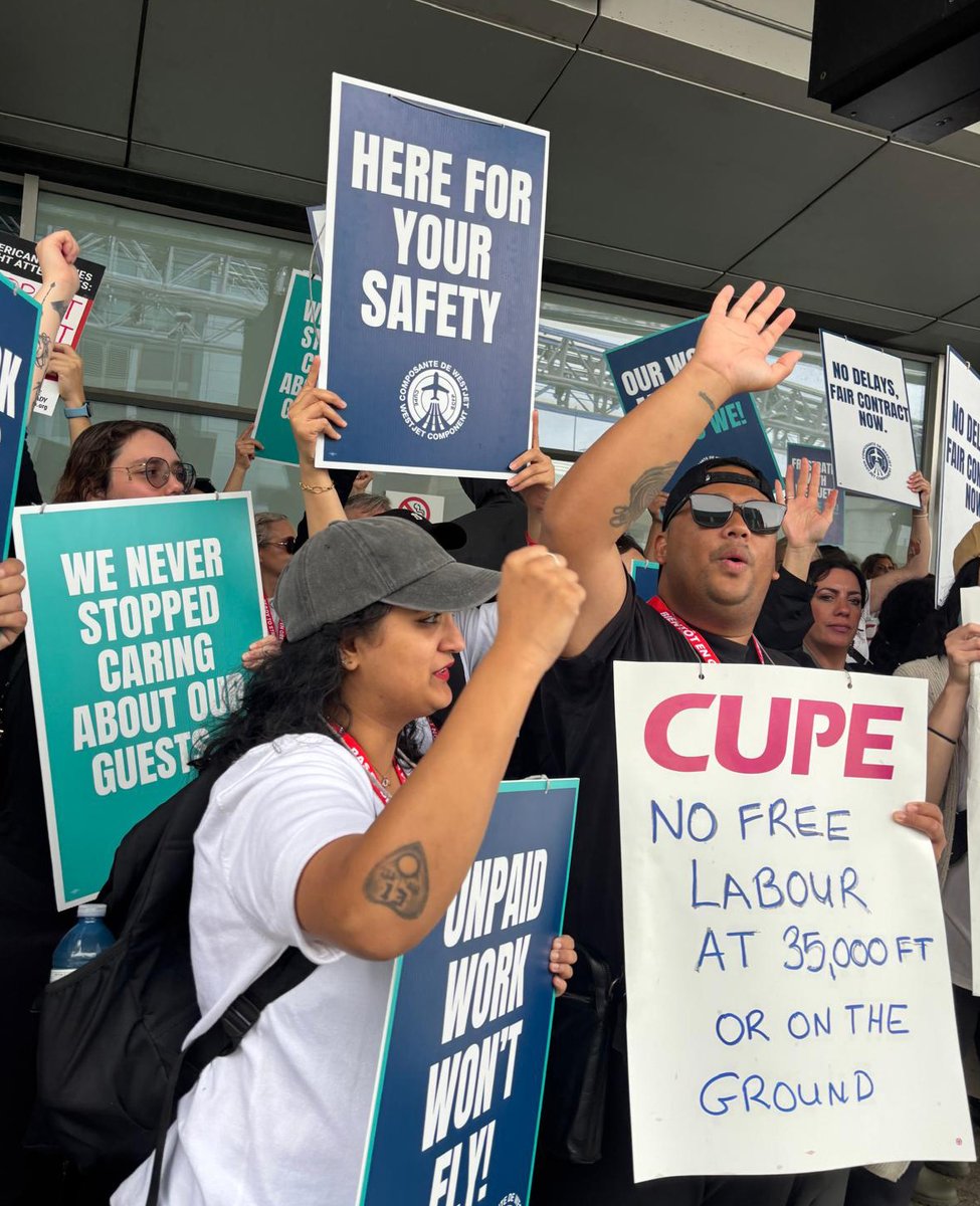 socialist_ca's tweet photo. Big energy on the West Jet line at Pearson. 

Solidarity with flight attendants fighting for decent wages and an end to unpaid work. 

Join the picket line. Find a location at: 
https://t.co/uCH0NbAehS

#unpaidwontfly #solidarity #UnionStrong #westjetflightattendants https://t.co/oVtCiLXQq6
