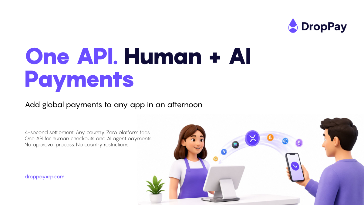 _theFutur3's tweet photo. One API. Human checkouts AND AI agent payments.
4-second settlement. Any country. Zero platform fees. Ship global payments in an afternoon.
#XRP #API #developers #DropPay #x402 https://t.co/Q31gF6Cy9h