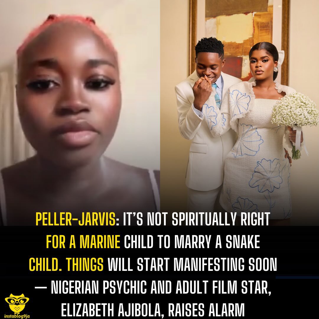 instablog9ja's tweet photo. Peller-Jarvis: It’s not spiritually right for a marine child to marry a snake child. Things will start manifesting soon — Nigerian psychic and adult film star, Elizabeth Ajibola, raises alarm

Nigerian psychic and adult film star, Elizabeth Ajibola, has stirred reactions after claiming that TikTok couple Peller and Jarvis are spiritually incompatible, warning that their relationship could have consequences for Peller.

In a video making the rounds online, Ajibola claimed she had earlier warned Jarvis against the relationship.
“So, a month ago I told Jarvis, I said, ‘Your leg is not good for Peller. You two are not a match.’”

According to her, although the relationship may appear fine now, she believes problems will begin to surface in the future.

“I told her like that because it is easy to join two things together, but very soon a lot of things will start manifesting into the life of that boy, into the reality of that boy.”

Ajibola went on to make spiritual claims about the pair, alleging that Peller is “a marine child” while Jarvis is “from a snake community.”
“It is not okay for a water pikin, a marine boy, to go and marry from a snake community. Very soon, everything will not be okay with you, especially with Peller, not with you, with Peller. Your leg is very bad,” she warned.

She also advised people to seek spiritual guidance before getting married. “But, what is going on in this world? You cannot pray before you, before you marry somebody? Go and pray. ‘Is this person okay for me? Is her leg going to be okay for me?’ Huh, I talk my own oh.”