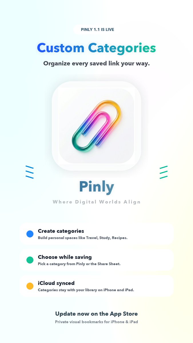 RitaBuilt's tweet photo. 🎉 Pinly 1.1 is live on the App Store!

To celebrate, I’m giving away 20 Lifetime Pro Codes 🎁
How to get a code:
Like &amp; Retweet.
Reply your biggest pain point .

I’ll DM the Lifetime Pro codes to 20 winners ! 🚀

👇 Download &amp; check it out:
https://t.co/rbwSsDAQMi https://t.co/VXL8uY0Gm9