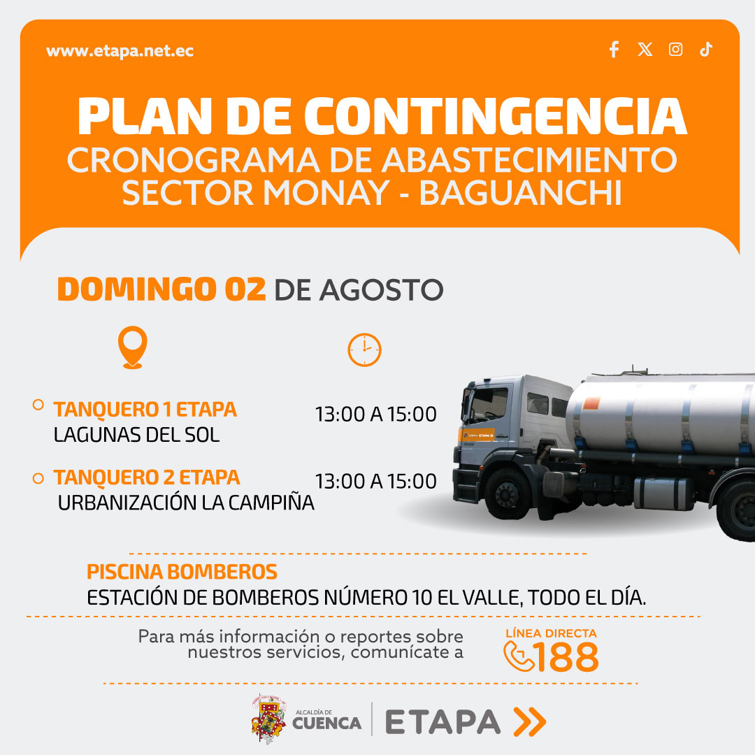 ETAPAOficial's tweet photo. 🚚💦 Plan de Contingencia || Jornada vespertina.

Por trabajos de empalmes de una tubería en el sector del intercambiador Monay-Baguanchi. 🚧

📍 Seguimos con la entrega del líquido vital en tanqueros a las familias.
@AlcaldiaCuenca1 https://t.co/D43NHxTPM7