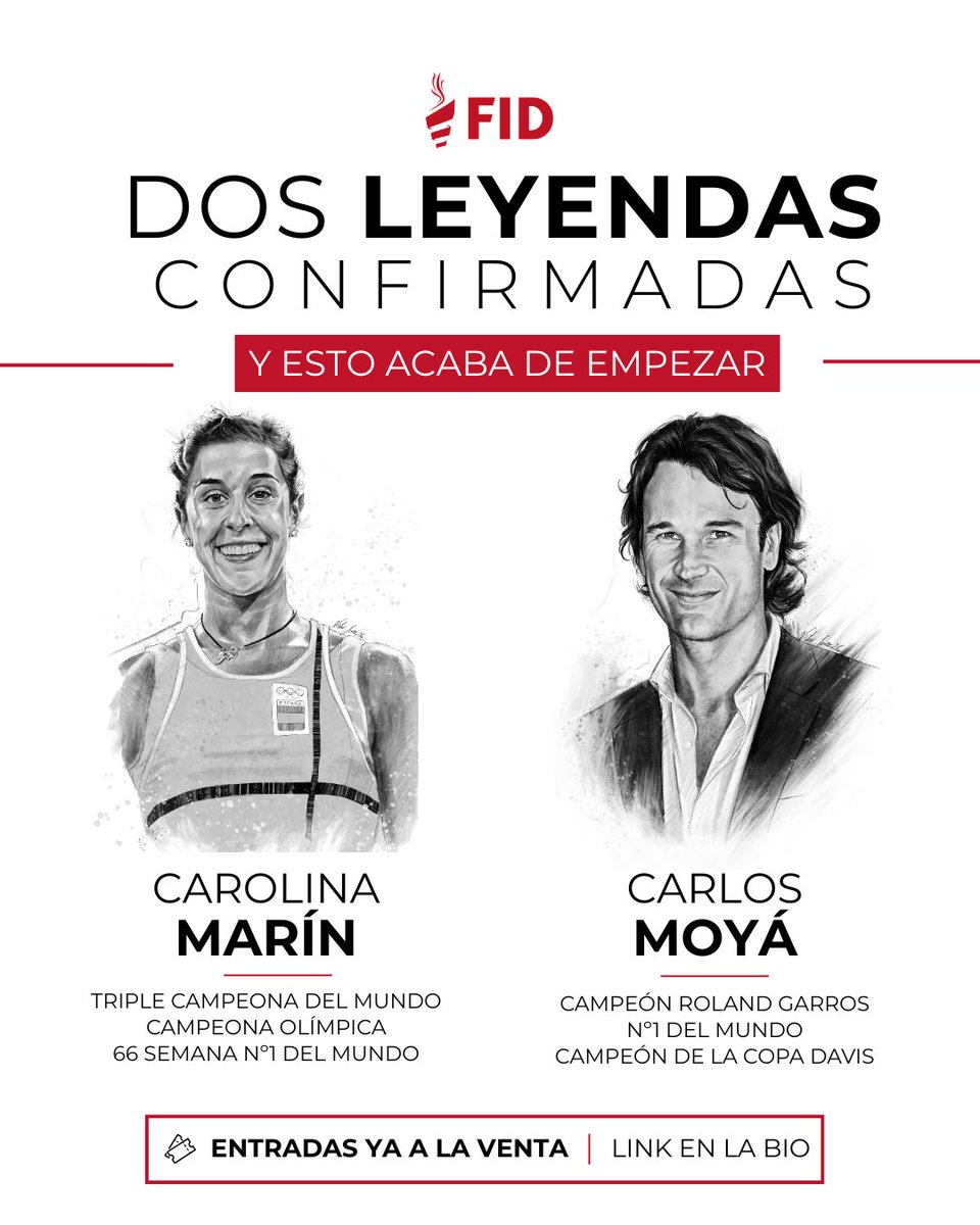 ForosFID's tweet photo. 🖤 Dos leyendas ya confirmadas

Carolina Marín
Carlos Moyá

Y esto acaba de empezar…

🎟️ Entradas ya a la venta en:
https://t.co/dJF9HTGokK 

#XFIDLeón #FIDLeón https://t.co/HKsGTa4hED
