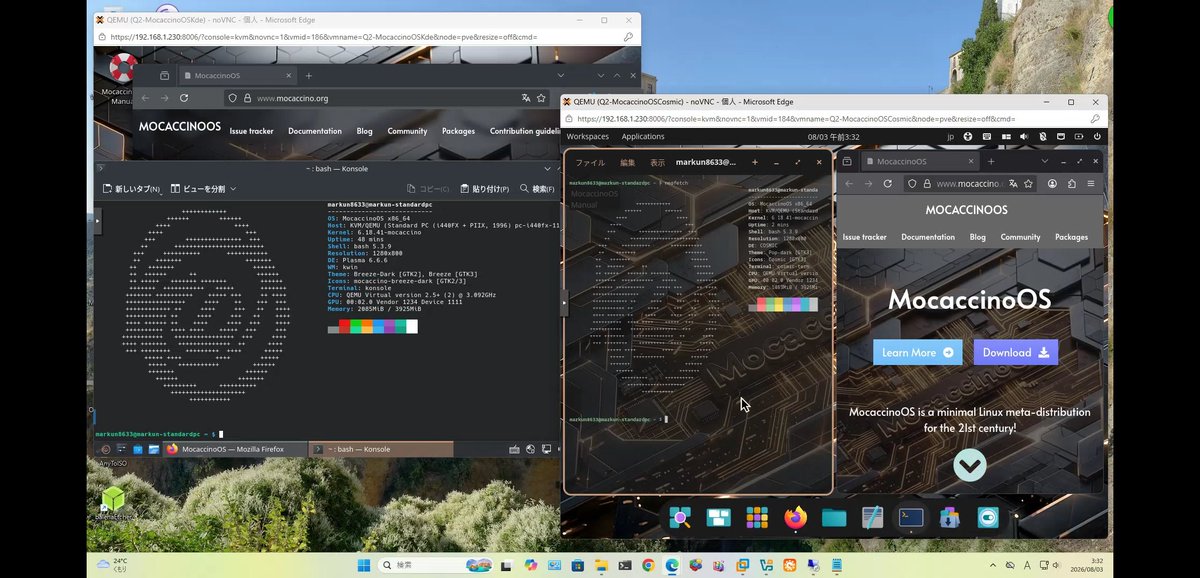 markun8633's tweet photo. MocaccinoOS v26.08続き
Proxmoxで

MocaccinoOS v26.08 0.20260801
 Live Plasma、Cosmic ⭕️、
 Live Mate、Xfce ❓️-*
 Updateなし、日本語表示、
 ブラウザ、レスOK
 *Live 🐭操作NG
 Plasma,Cosmicは兎も角、
 Mate,Xfceは毎度⋯😑
 luetでやるのも⋯🥹

KdeLinuxはKonsole上げると、
dumpが⋯👻 https://t.co/9VLmmAthFe