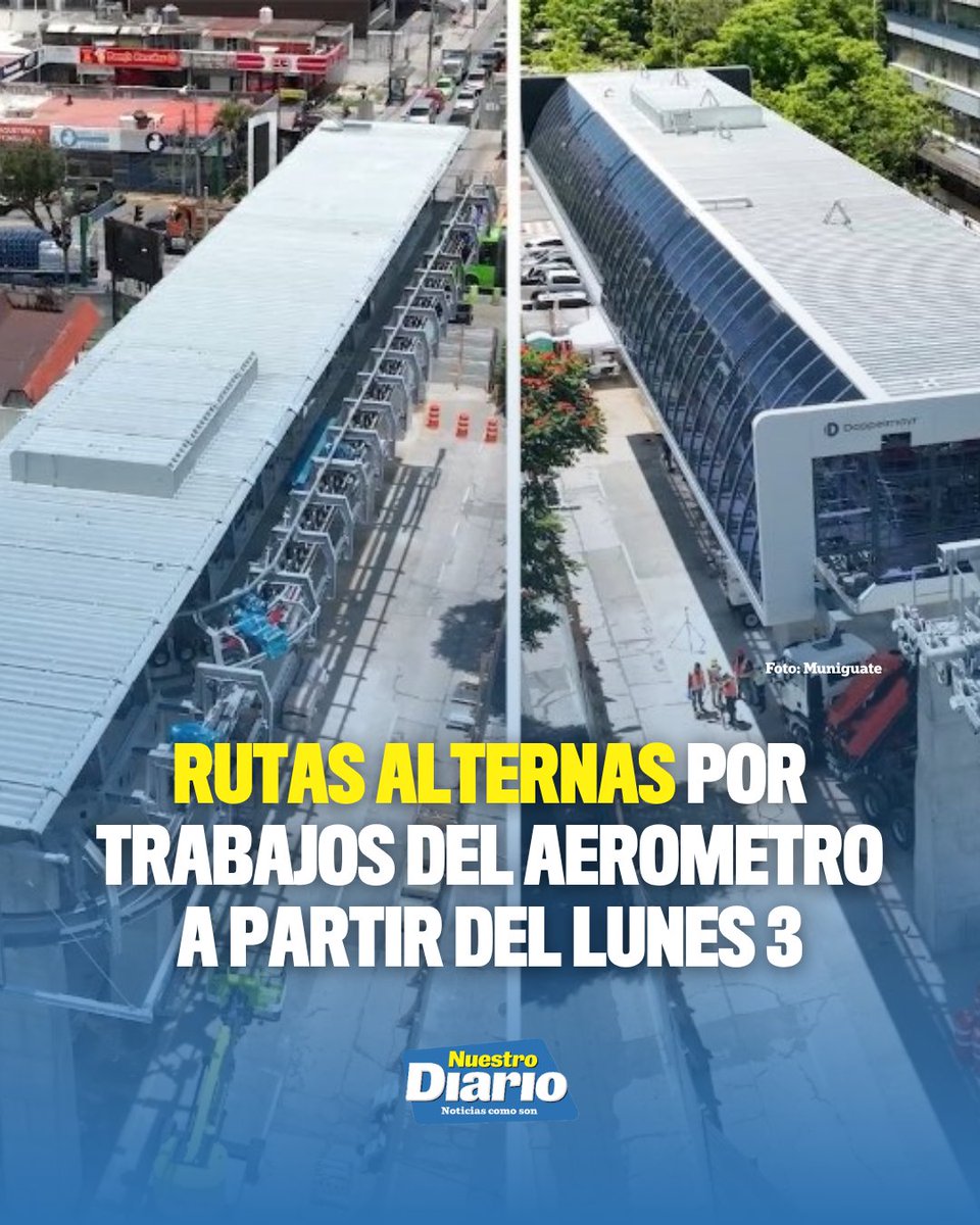 NuestroDiario's tweet photo. 🚨 RUTAS ALTERNAS POR TRABAJOS DEL AEROMETRO A PARTIR DEL LUNES 3 🚨

A partir de este lunes 3 y durante todo agosto, los trabajos del AeroMetro modificarán la circulación en el bulevar Liberación y calle Montúfar. Entre los principales cambios, el carril reversible desde El Trébol hacia la Montúfar quedará inhabilitado, mientras que el flujo que viene de Mixco será desviado por Guardaviejo, zona 8, para salir a la avenida Castellana, zona 9.

Amílcar Montejo, director de Comunicación de EMETRA, recomiendó utilizar como rutas alternas la calzada Roosevelt hacia el Periférico en dirección al puente Cejusa, o buscar la 13 calle de la zona 11 para conectar con La Reformita y Pamplona, zona 13. 

#NuestroDiario, noticias como son. 📰
#NacionalesND #TránsitoGT