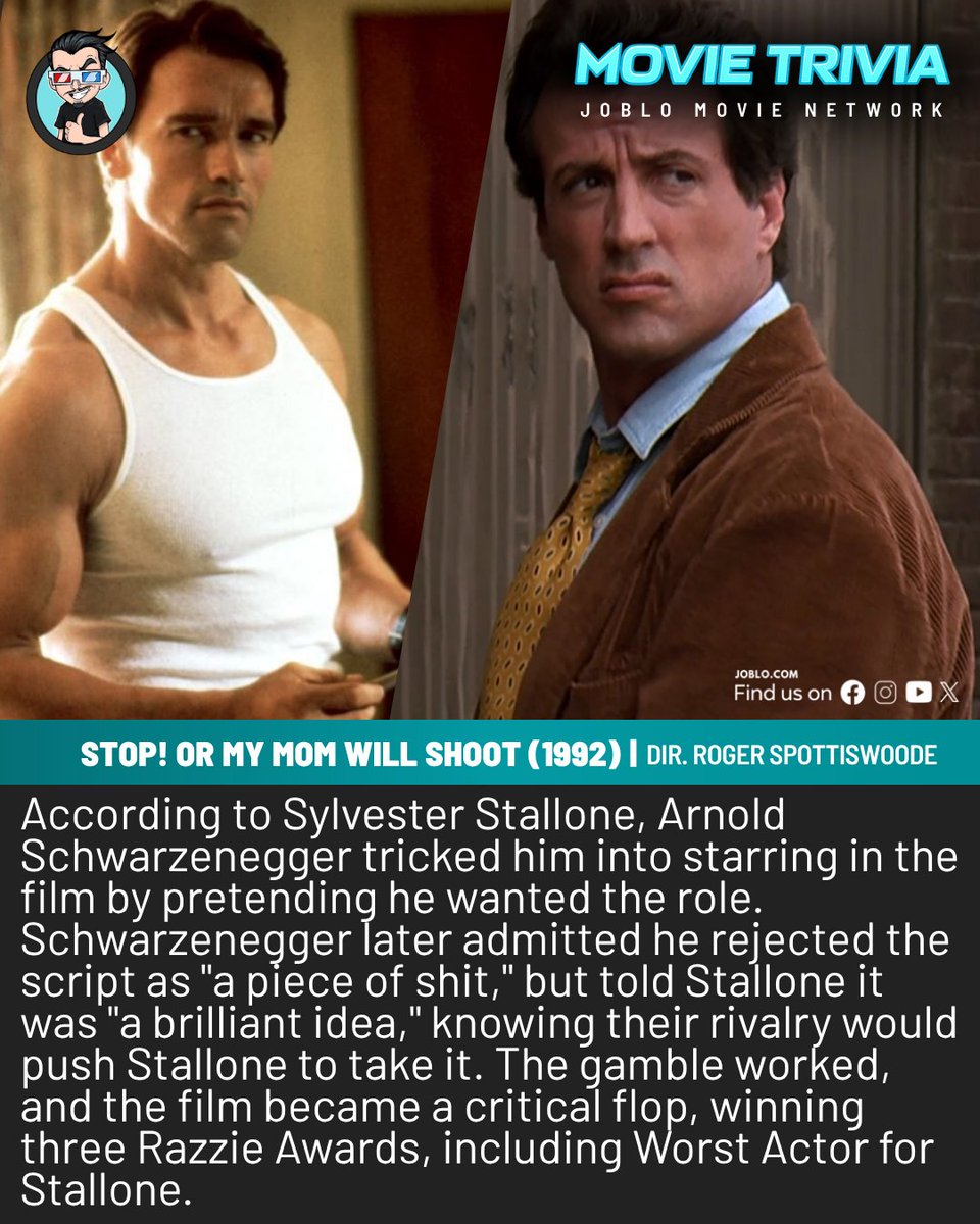 joblocom's tweet photo. Movie Trivia: Stop! Or My Mom Will Shoot (1992) 🎥
#MovieTrivia #StopOrMyMomWillShoot #SylvesterStallone #ArnoldSchwarzenegger #ActionComedy https://t.co/nhGJTgqtVq